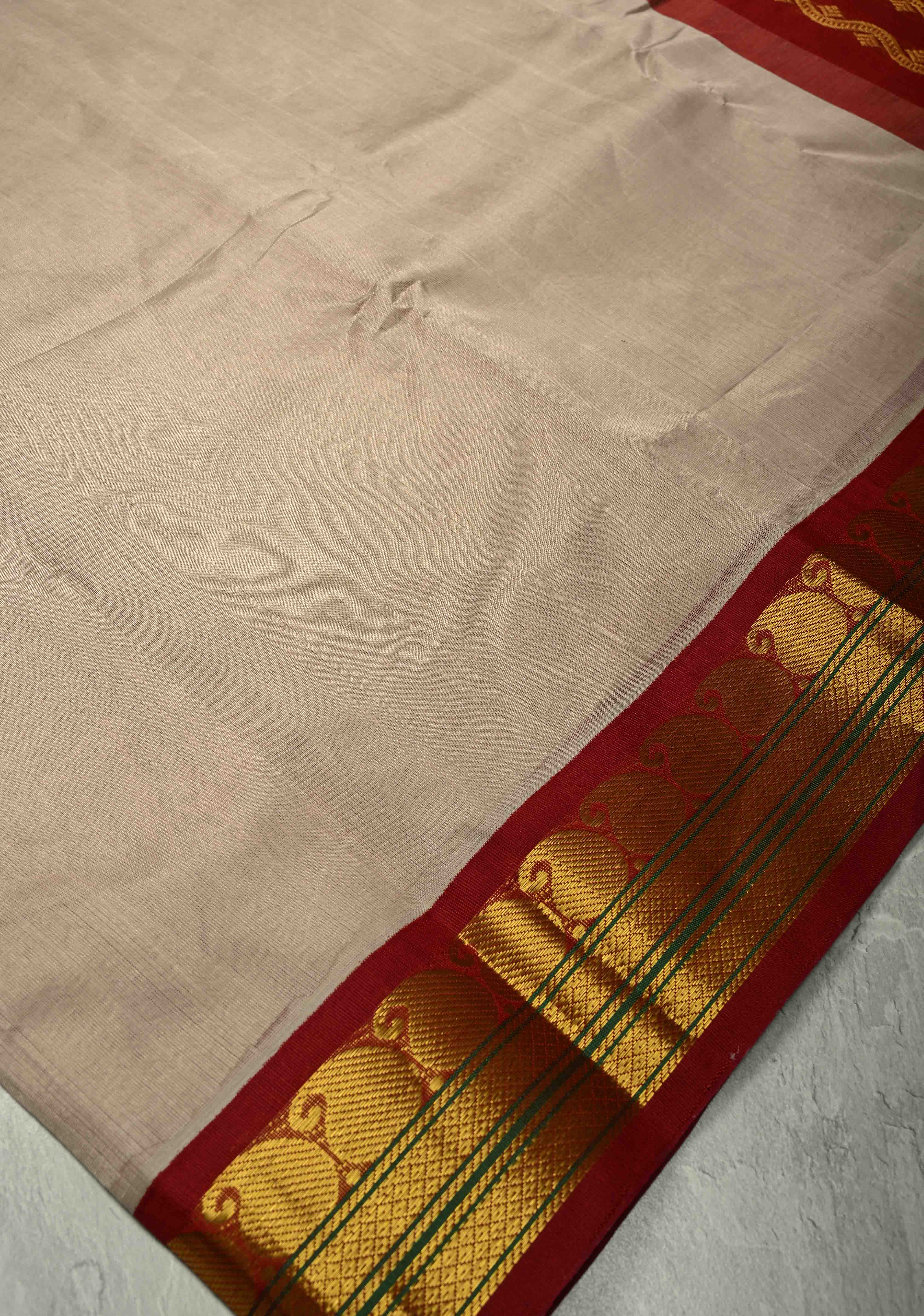 Beige Kanchi Silk Cotton 100% Handloom Saree with Contrast Zari Border | Shobitam