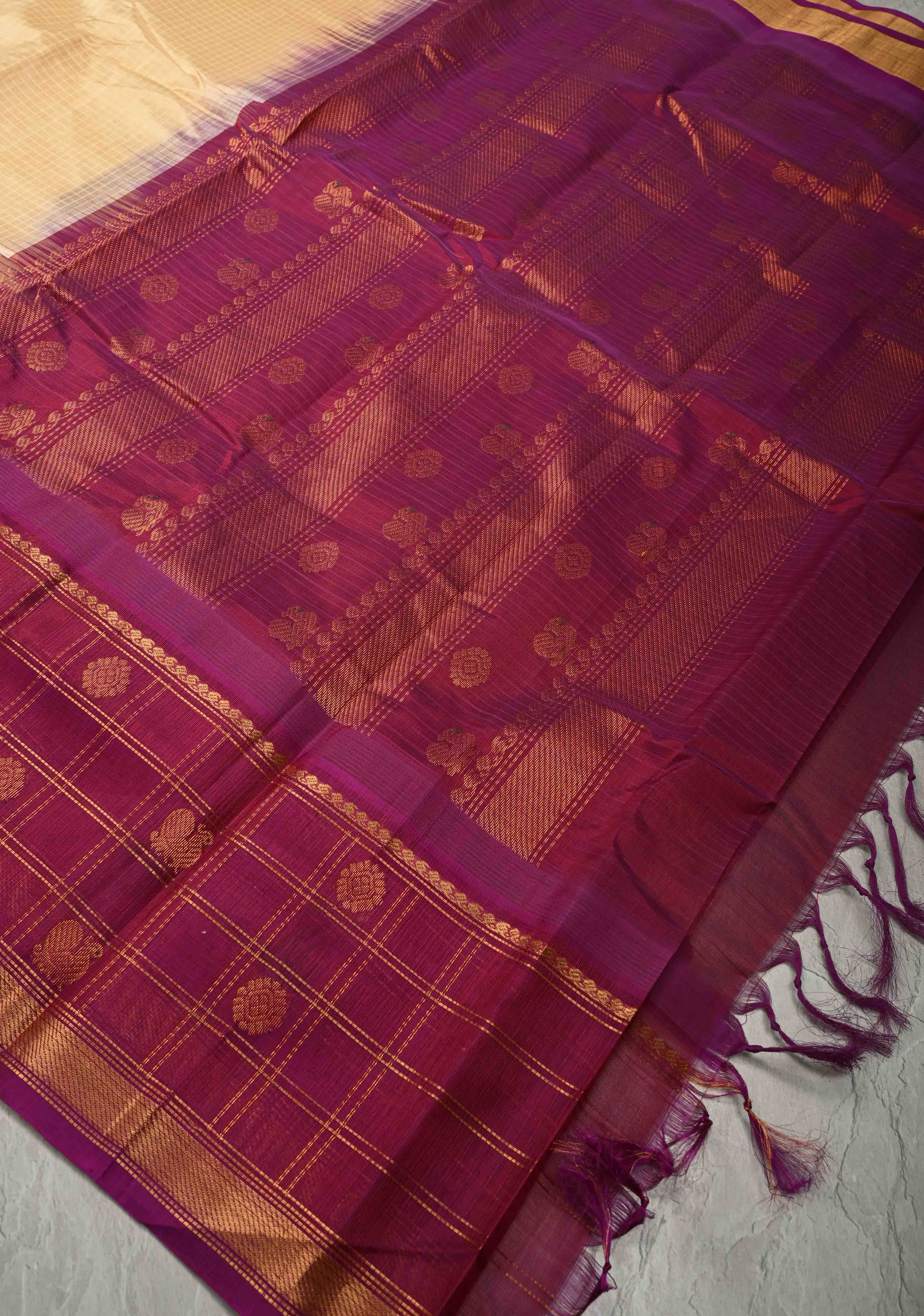 Sandalwood Self Checks on Kanchi Silk Cotton Handloom Saree with Zari Buttas and Checks on Contrast Zari Border | Shobitam