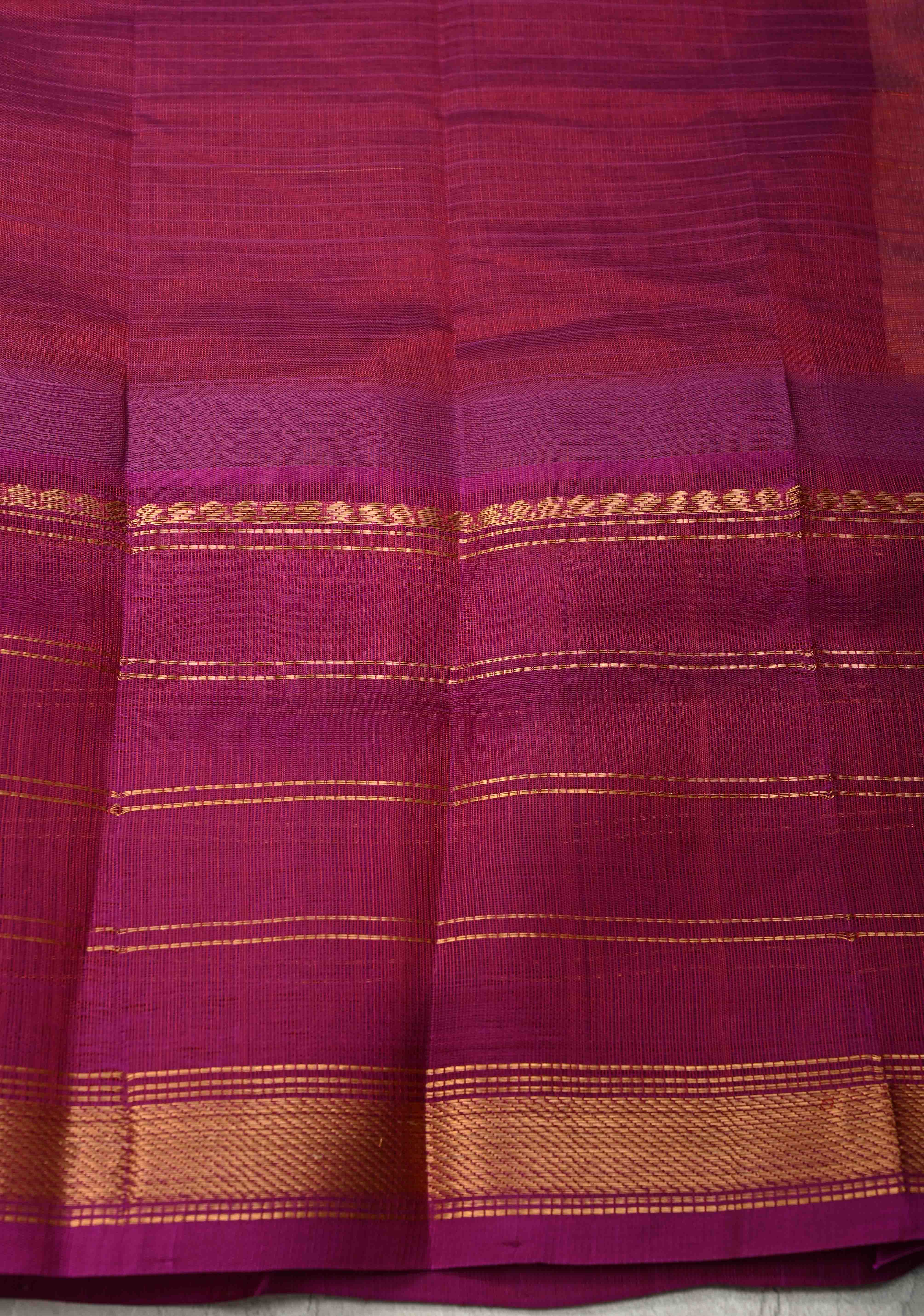 Sandalwood Self Checks on Kanchi Silk Cotton Handloom Saree with Zari Buttas and Checks on Contrast Zari Border | Shobitam