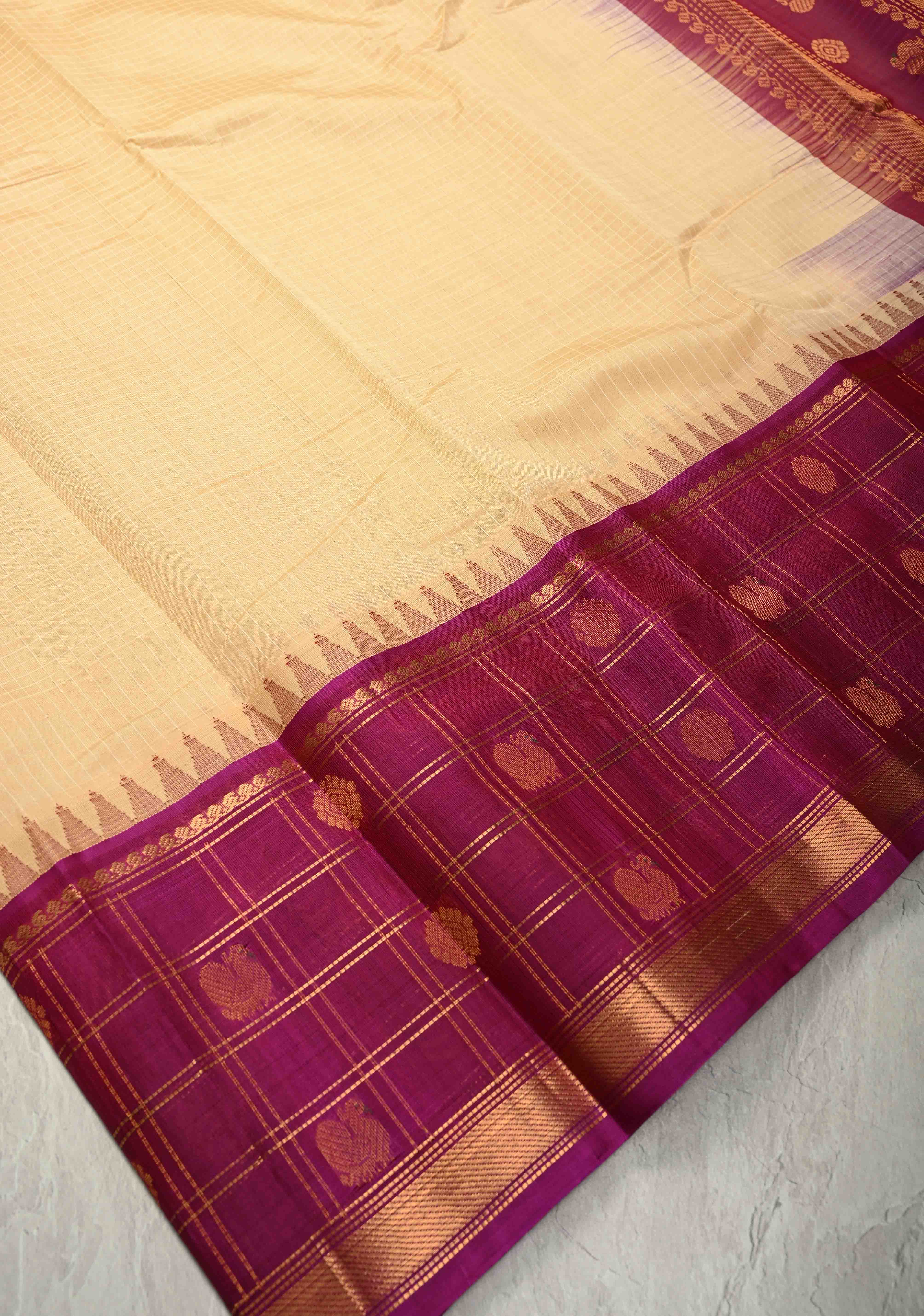 Sandalwood Self Checks on Kanchi Silk Cotton Handloom Saree with Zari Buttas and Checks on Contrast Zari Border | Shobitam