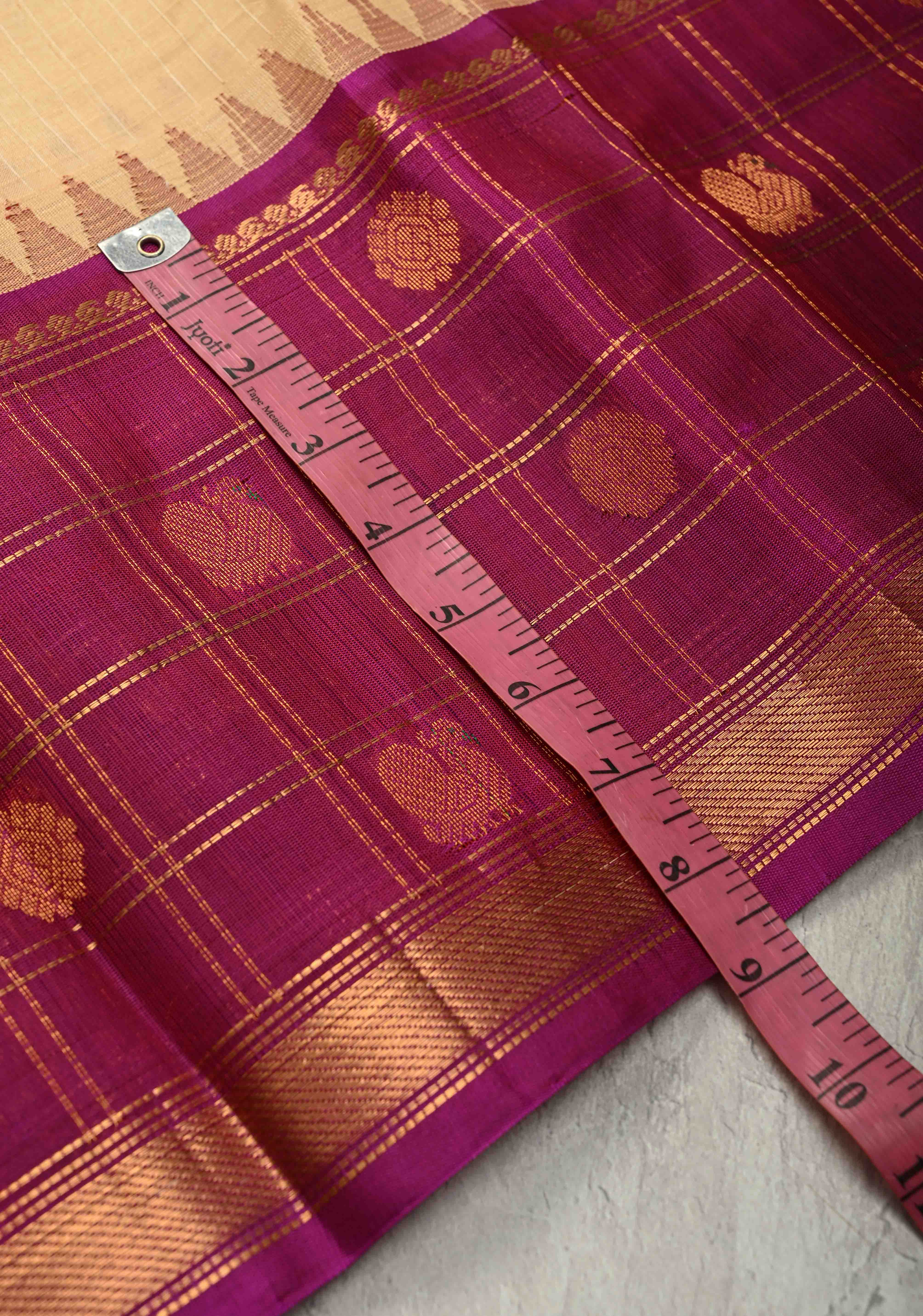 Sandalwood Self Checks on Kanchi Silk Cotton Handloom Saree with Zari Buttas and Checks on Contrast Zari Border | Shobitam