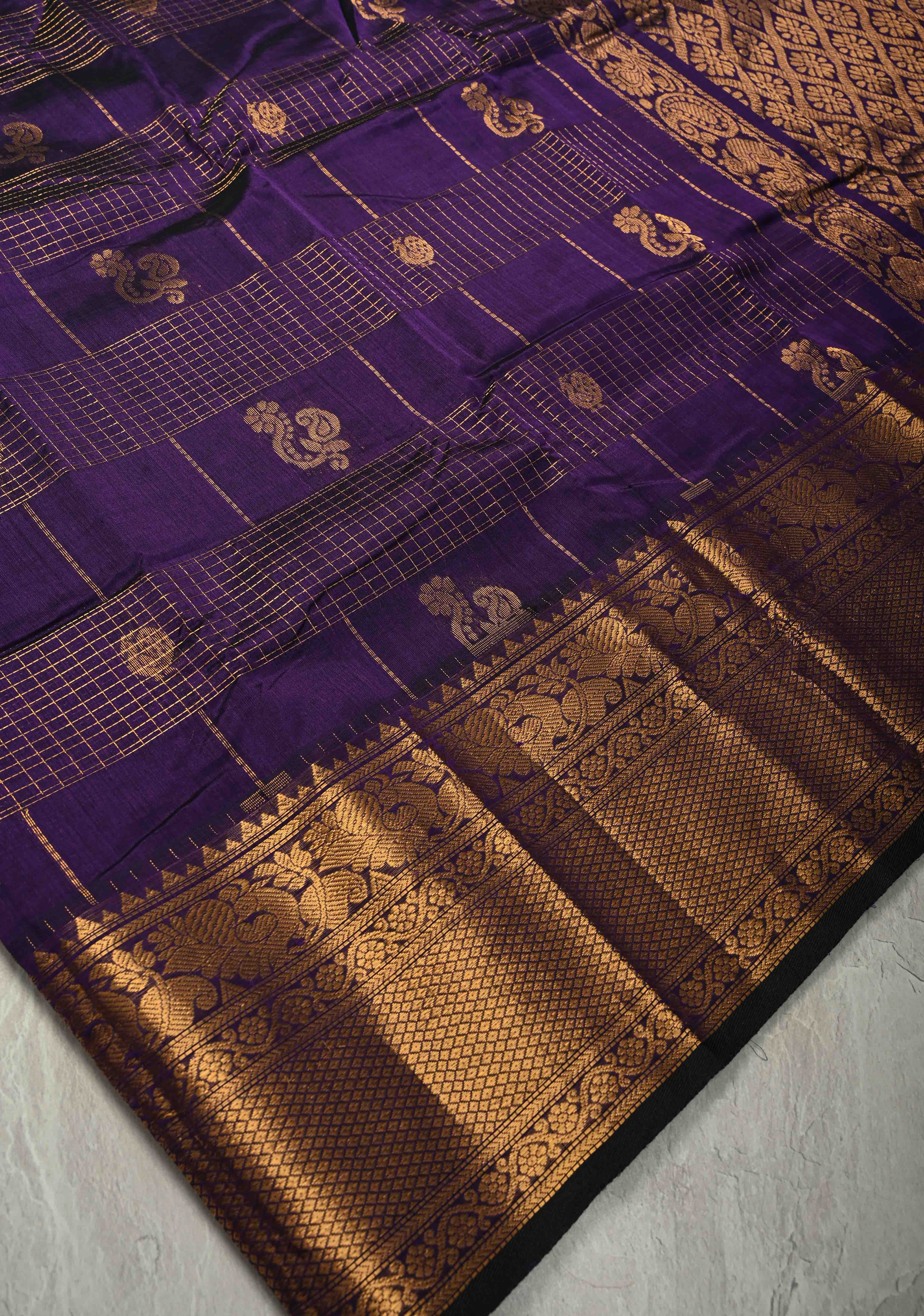 Aubergine Zari Checks on Kanchi Silk Cotton Handloom Saree with Zari Buttas and Temple Wide Zari Border | Shobitam