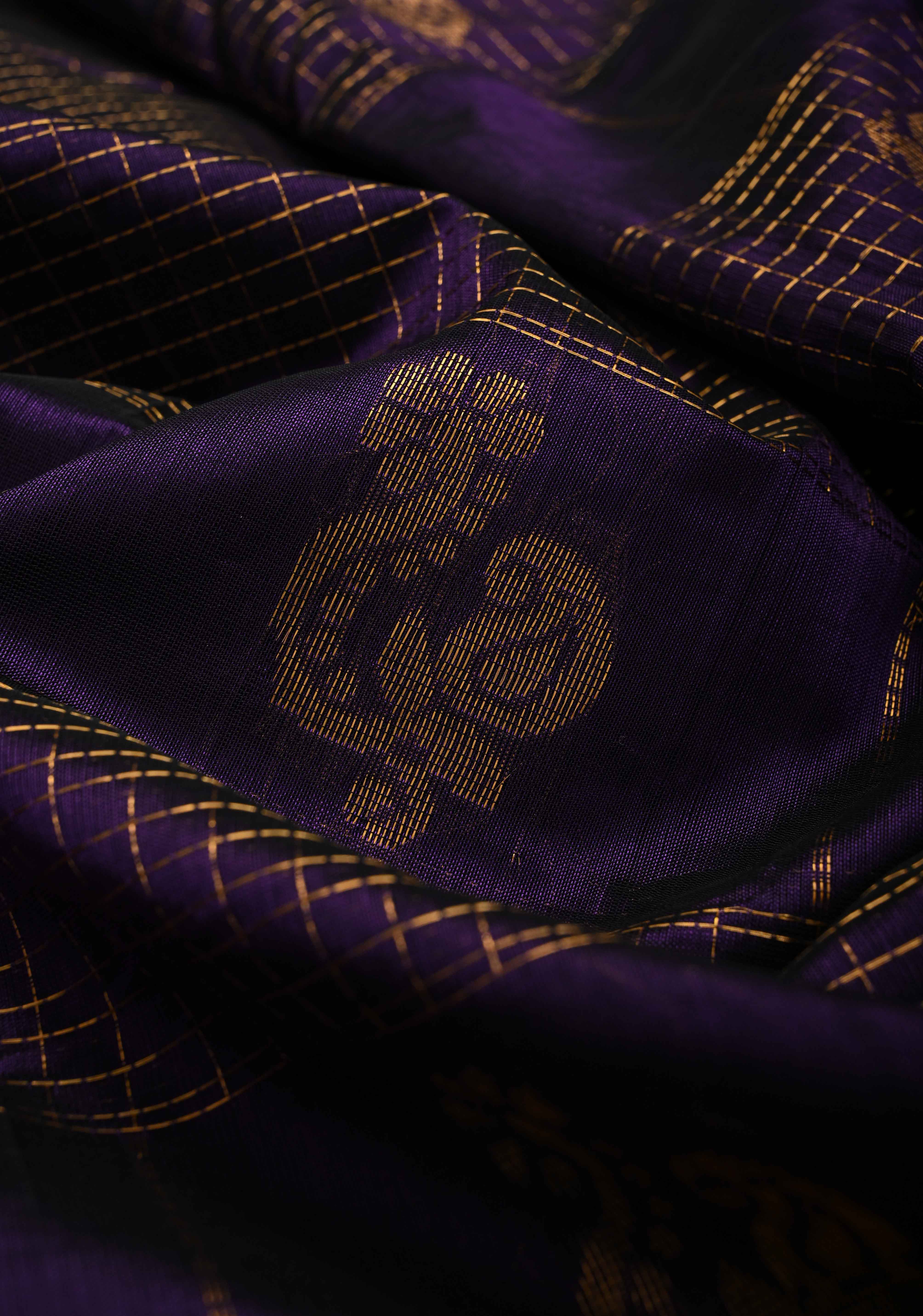 Aubergine Zari Checks on Kanchi Silk Cotton Handloom Saree with Zari Buttas and Temple Wide Zari Border | Shobitam