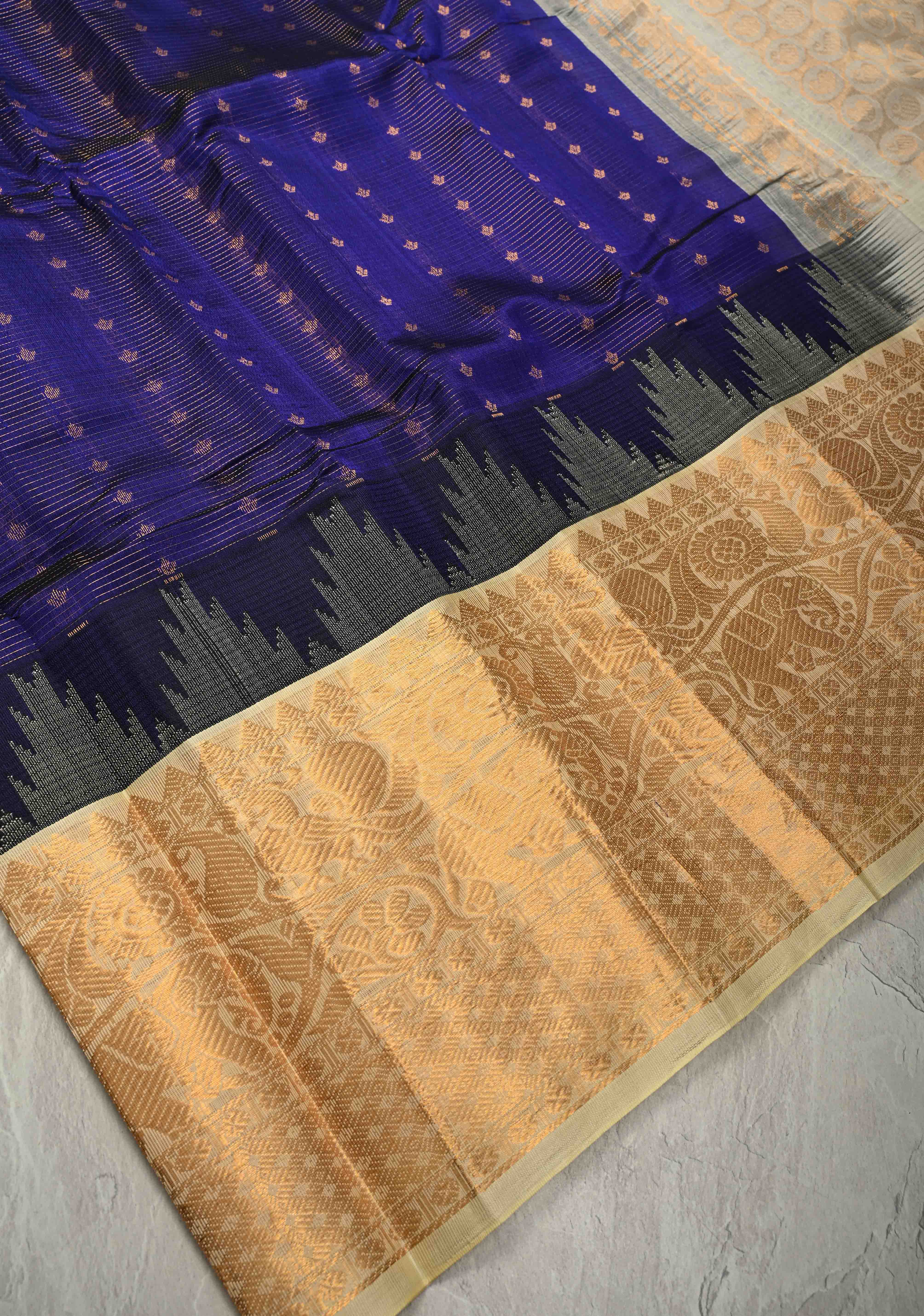 Royal Blue Vairaoosi Zari Stripes on Kanchi Silk Cotton Handloom Saree with Zari Buttis and Skirt Contrast Temple Zari Border | Shobitam