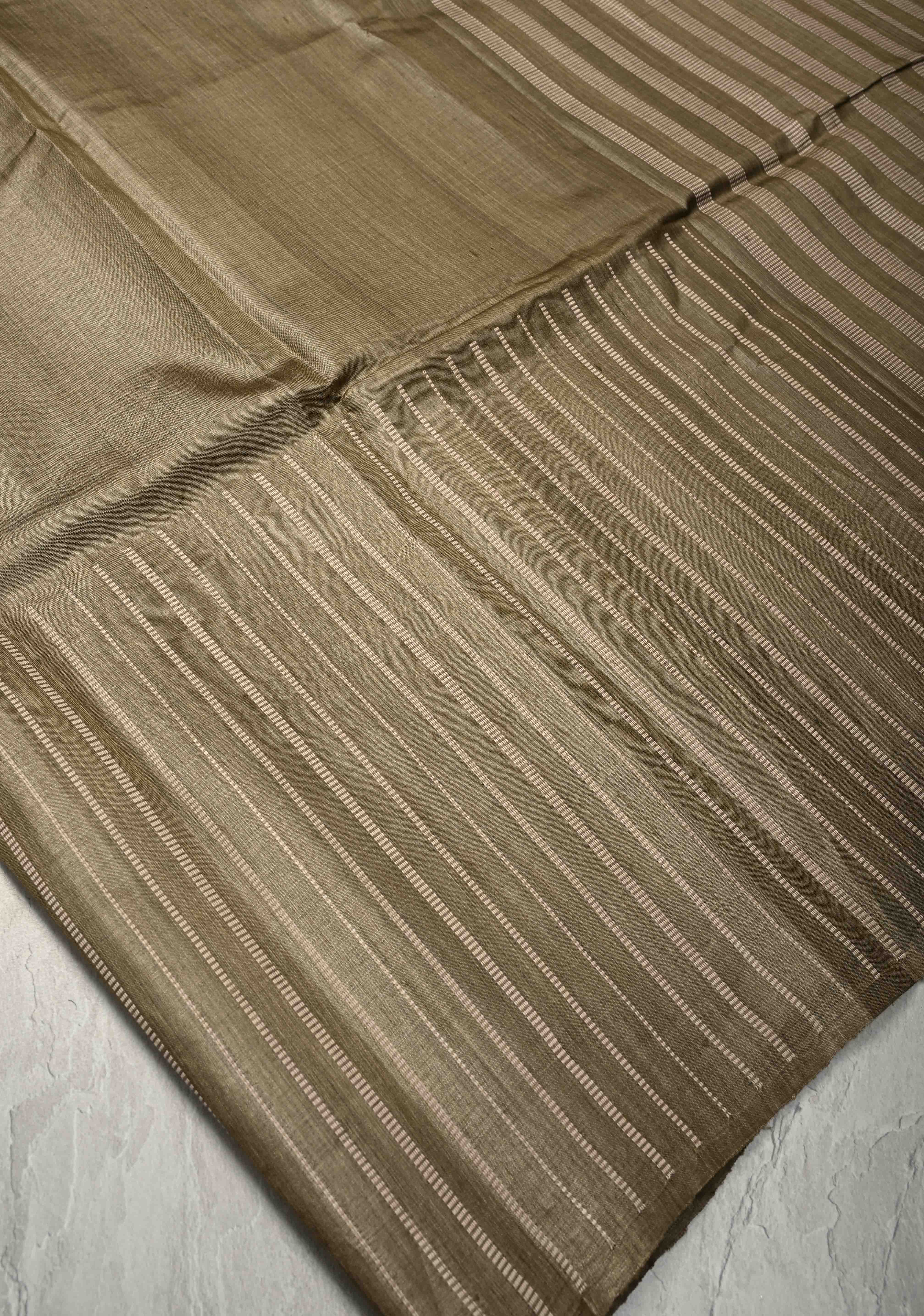 Wood Brown Tussar Silk saree with Vertical Resham Stripes on Border | SILK MARK CERTIFIED | Shobitam