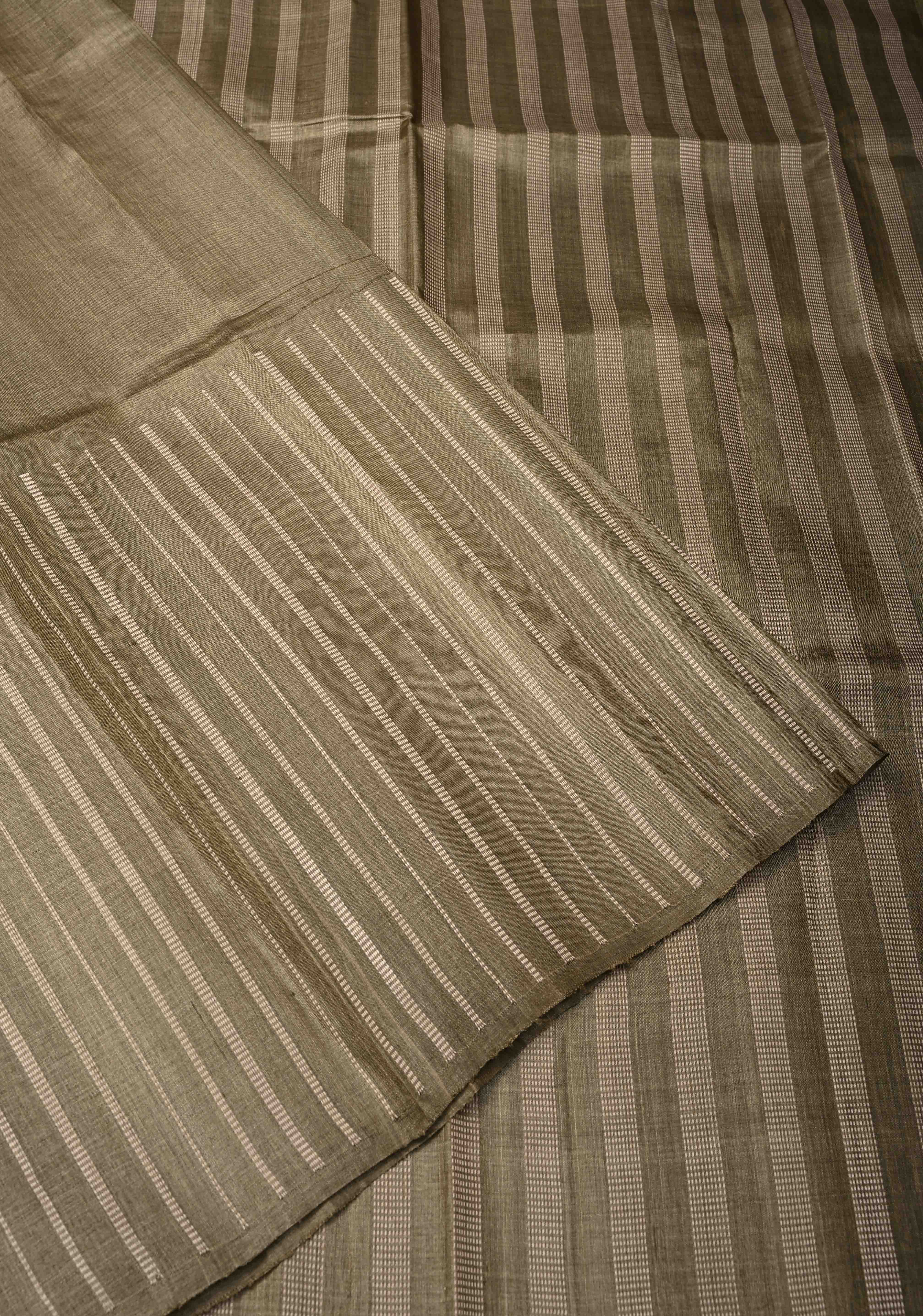 Wood Brown Tussar Silk saree with Vertical Resham Stripes on Border | SILK MARK CERTIFIED | Shobitam