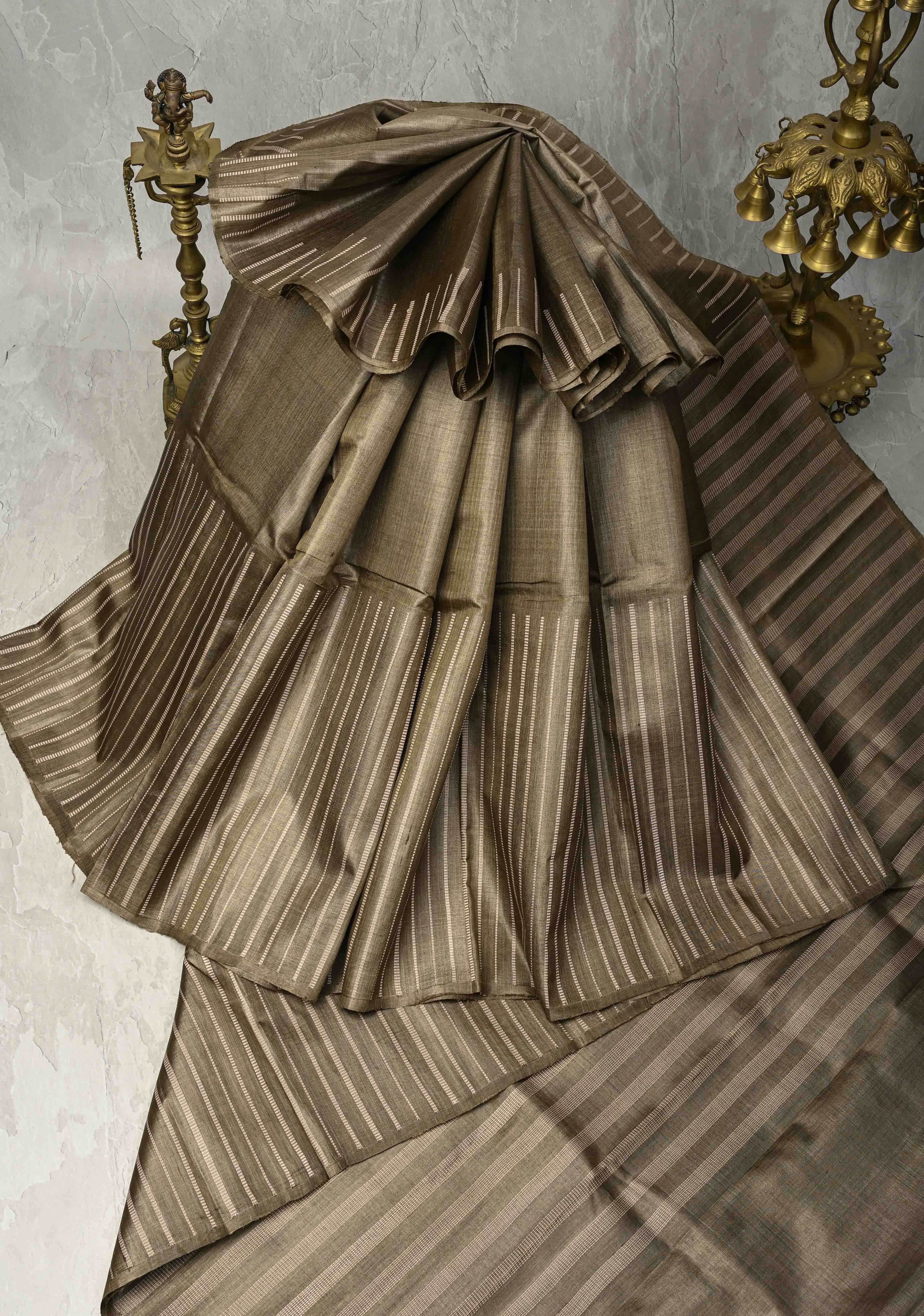 Wood Brown Tussar Silk saree with Vertical Resham Stripes on Border | SILK MARK CERTIFIED | Shobitam
