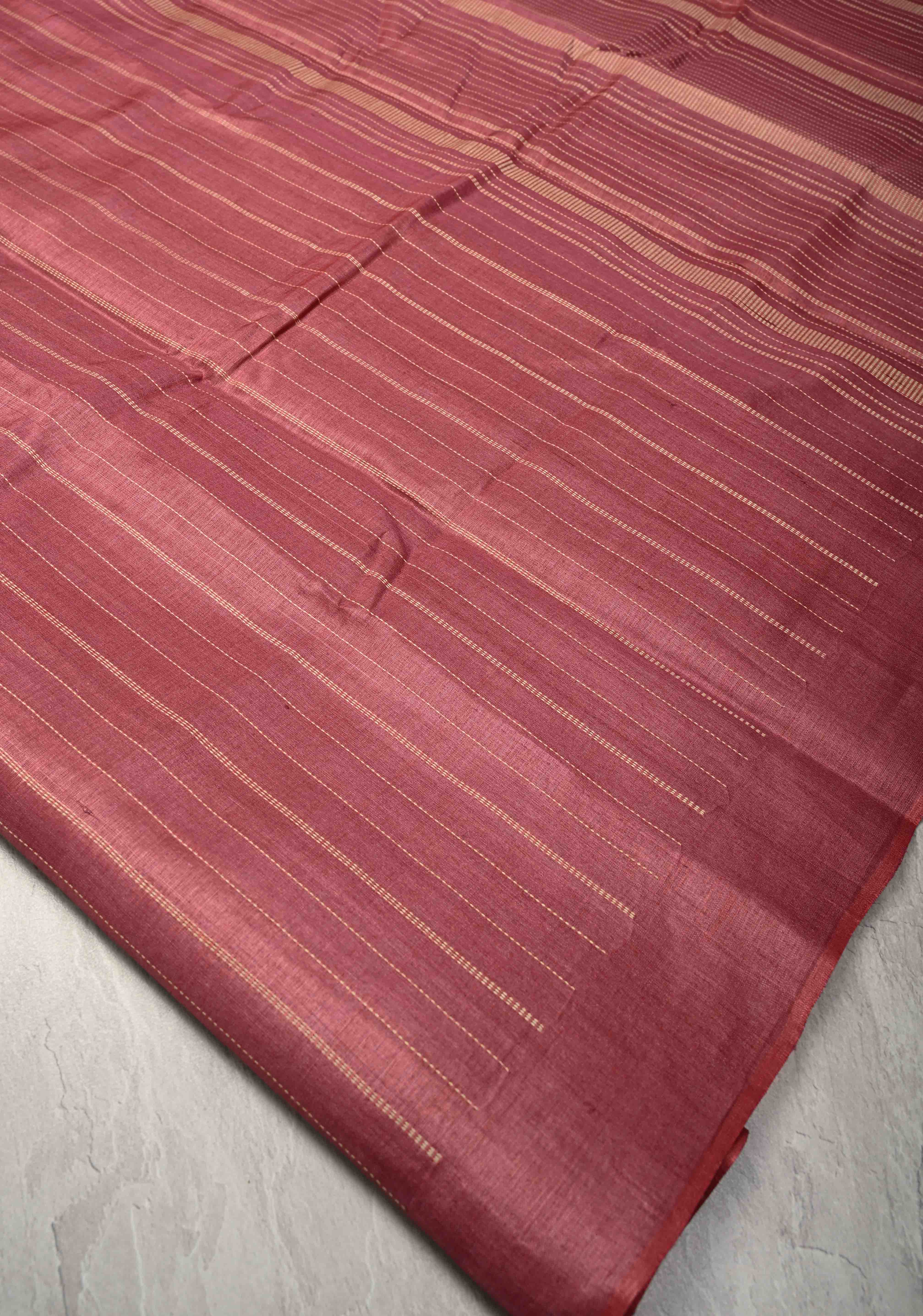 Dark Rose Borderless Tussar Silk saree with Resham Vertical Stripes | SILK MARK CERTIFIED | Shobitam