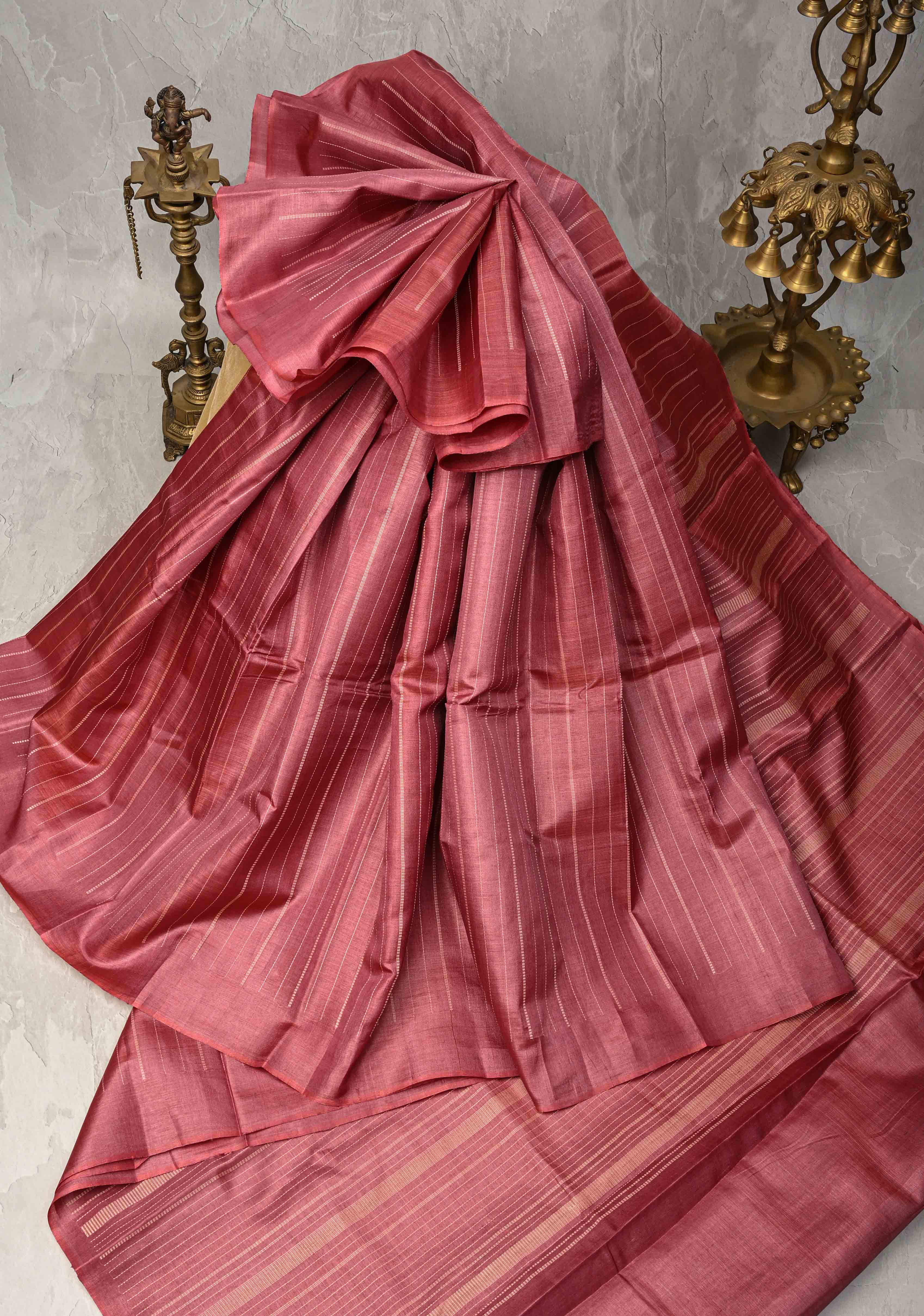 Dark Rose Borderless Tussar Silk saree with Resham Vertical Stripes | SILK MARK CERTIFIED | Shobitam