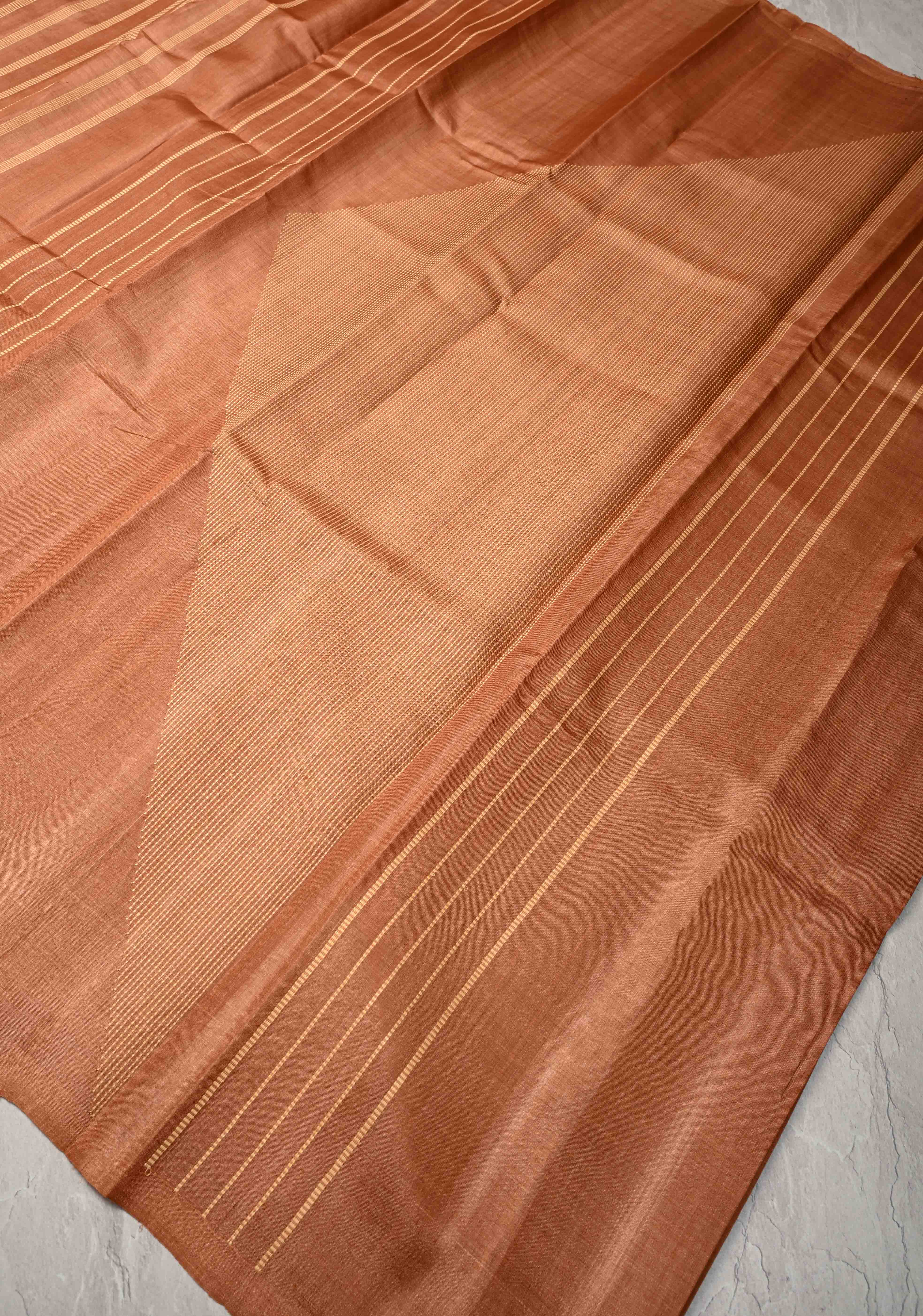 Camel brown Borderless Tussar Silk saree with Resham Vertical Stripes | SILK MARK CERTIFIED | Shobitam