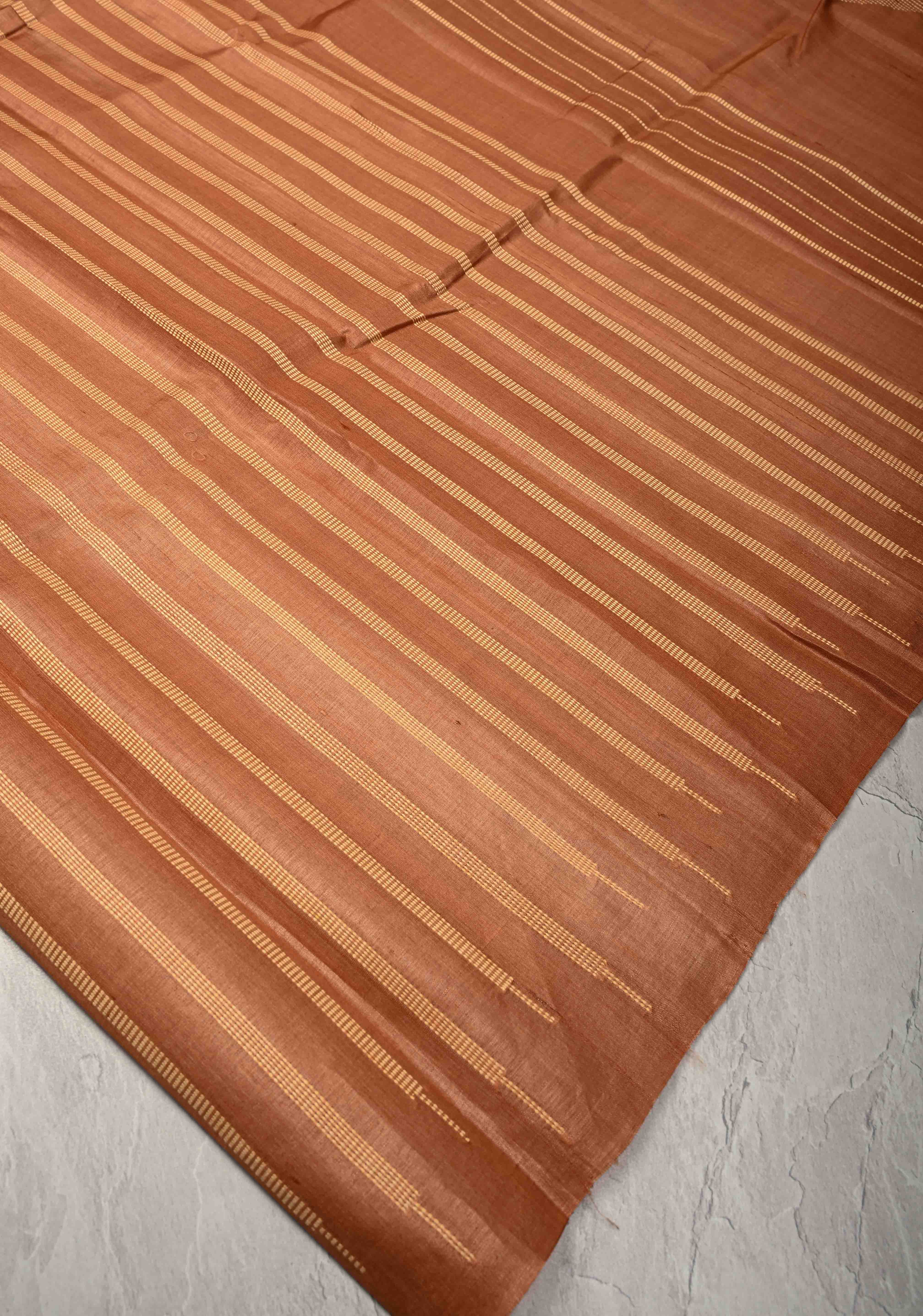 Camel brown Borderless Tussar Silk saree with Resham Vertical Stripes | SILK MARK CERTIFIED | Shobitam