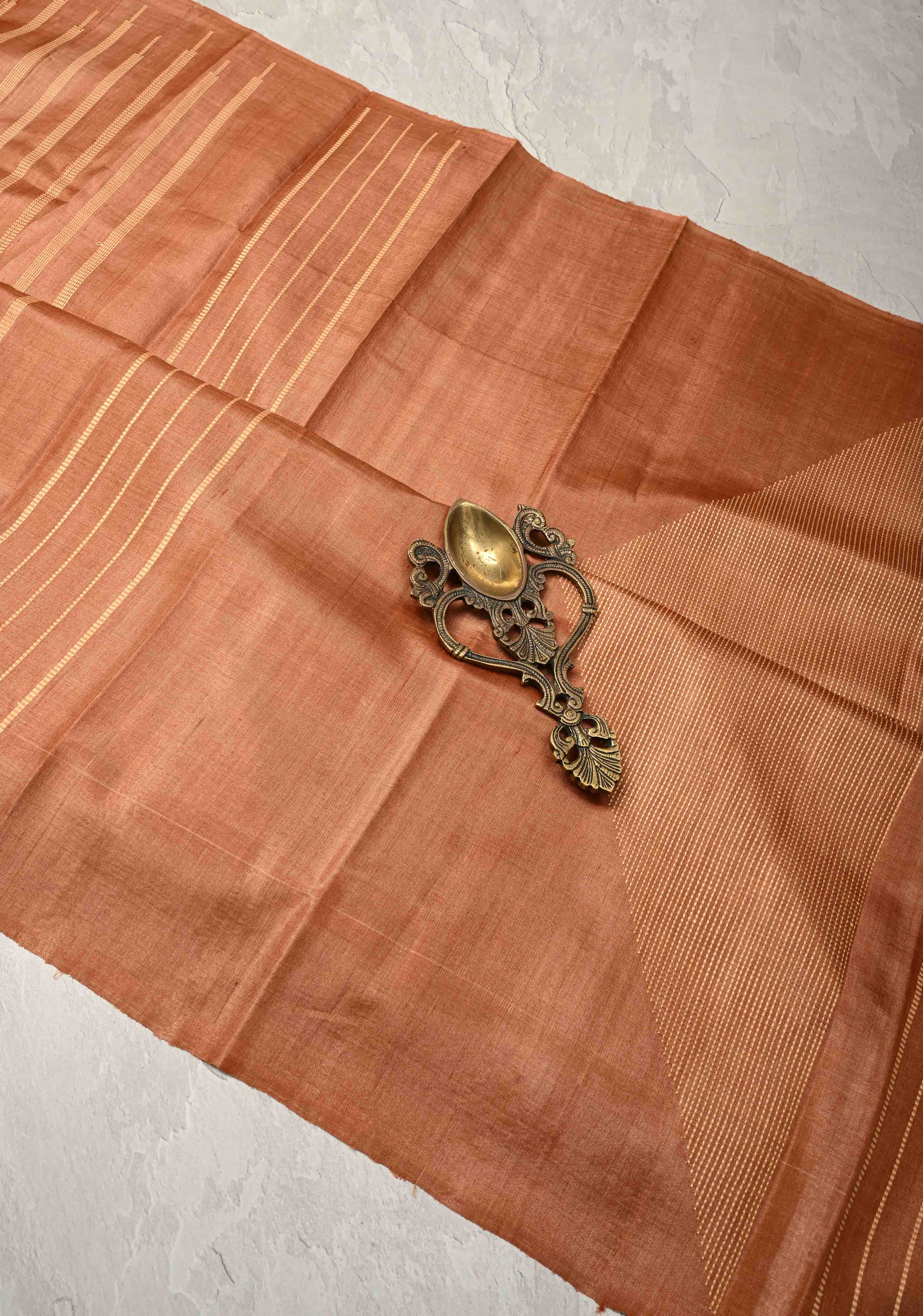 Camel brown Borderless Tussar Silk saree with Resham Vertical Stripes | SILK MARK CERTIFIED | Shobitam