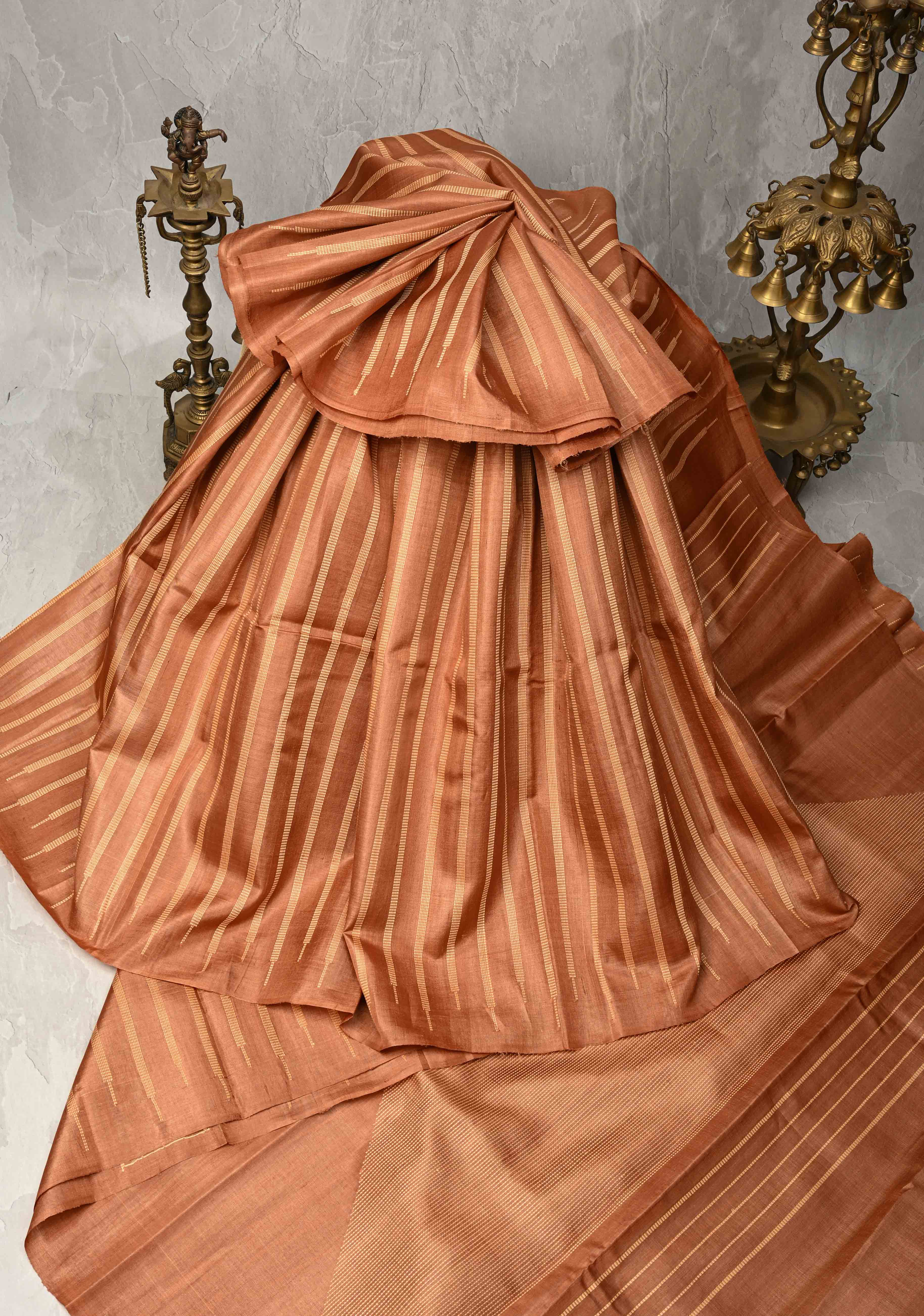 Camel brown Borderless Tussar Silk saree with Resham Vertical Stripes | SILK MARK CERTIFIED | Shobitam
