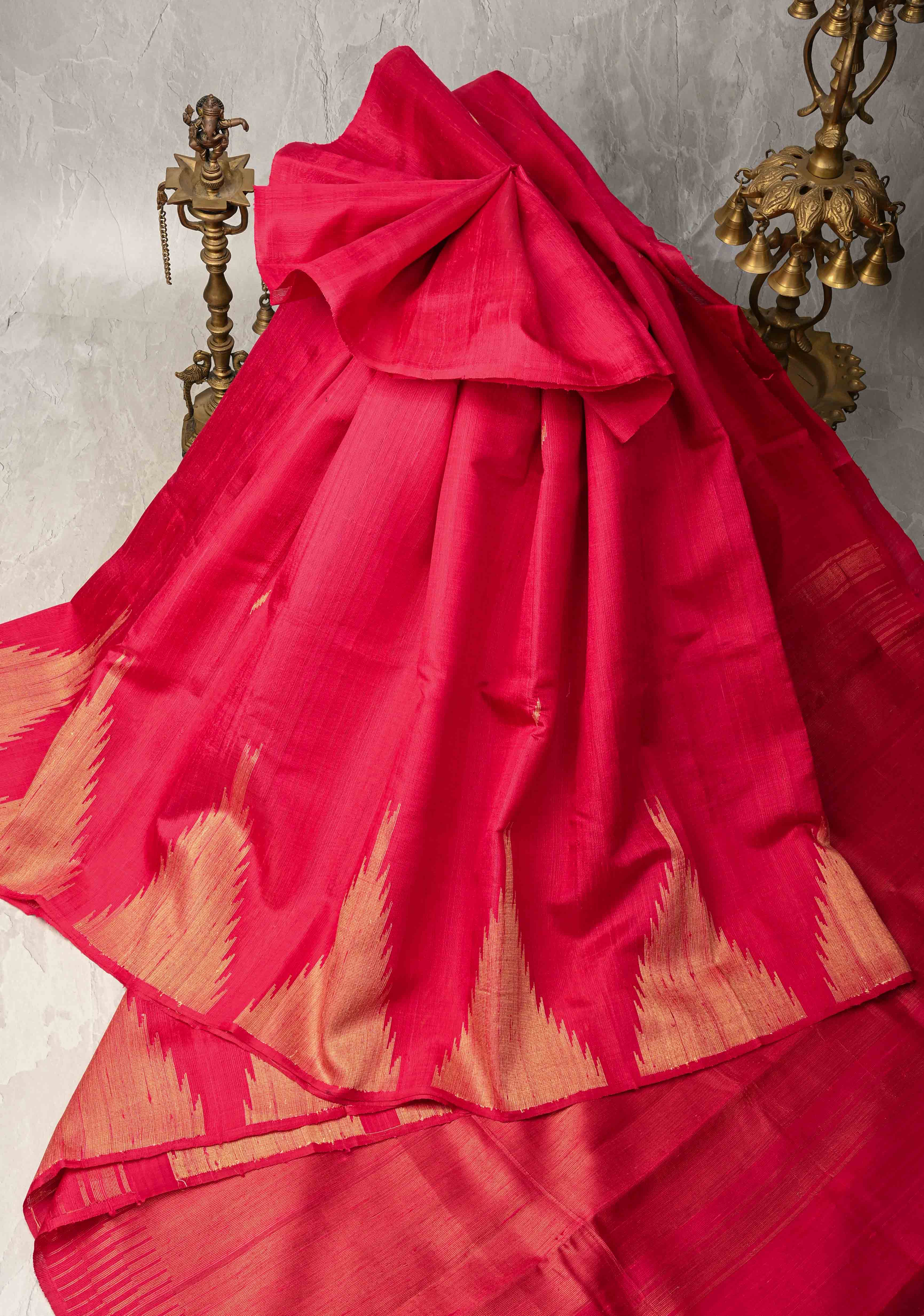 Red Tussar Silk saree with Zari Buttas and Temple Border | SILK MARK CERTIFIED | Shobitam