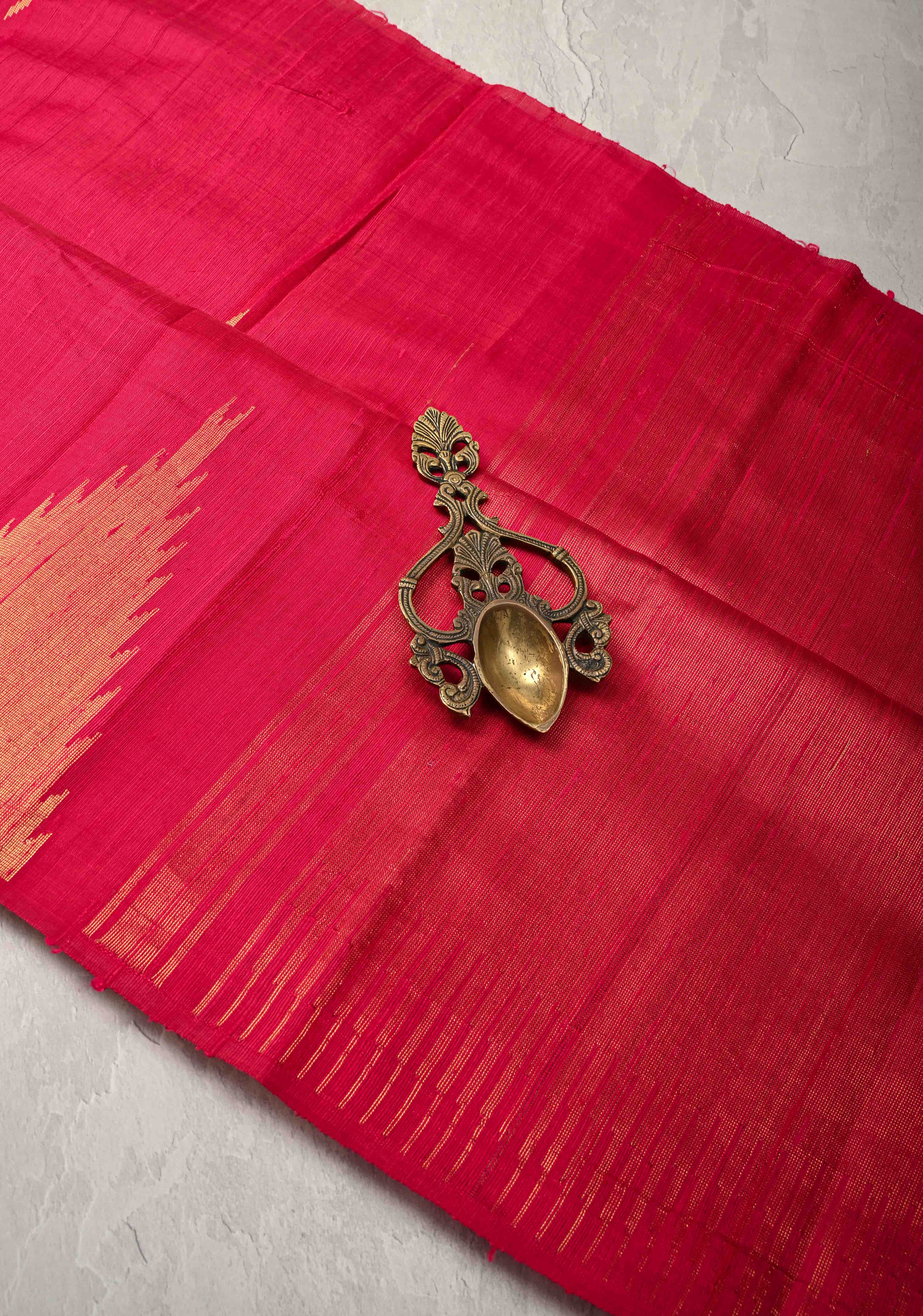 Red Tussar Silk saree with Zari Buttas and Temple Border | SILK MARK CERTIFIED | Shobitam