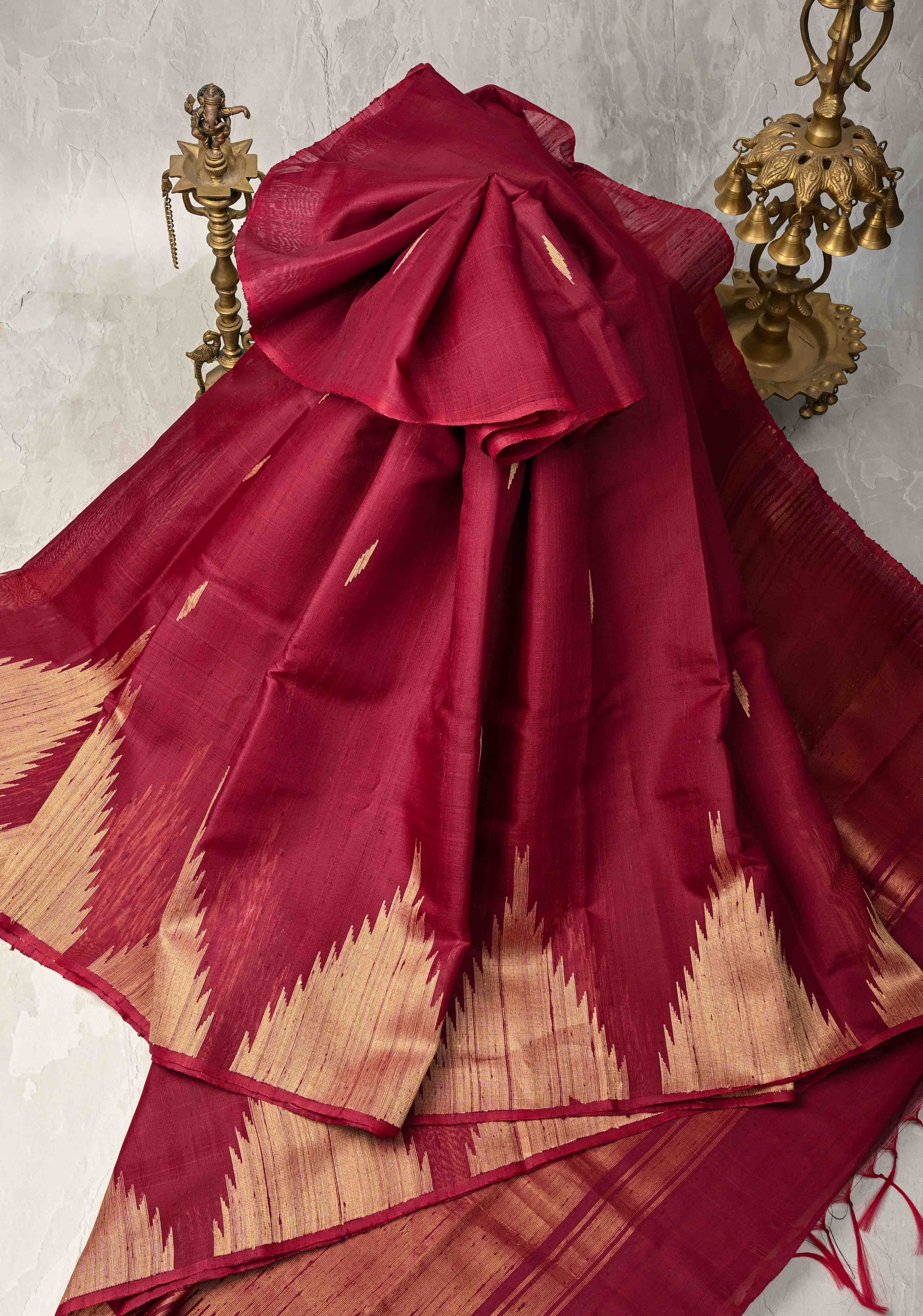 Maroon Tussar Silk saree with Zari Buttas and Temple Border | SILK MARK CERTIFIED | Shobitam