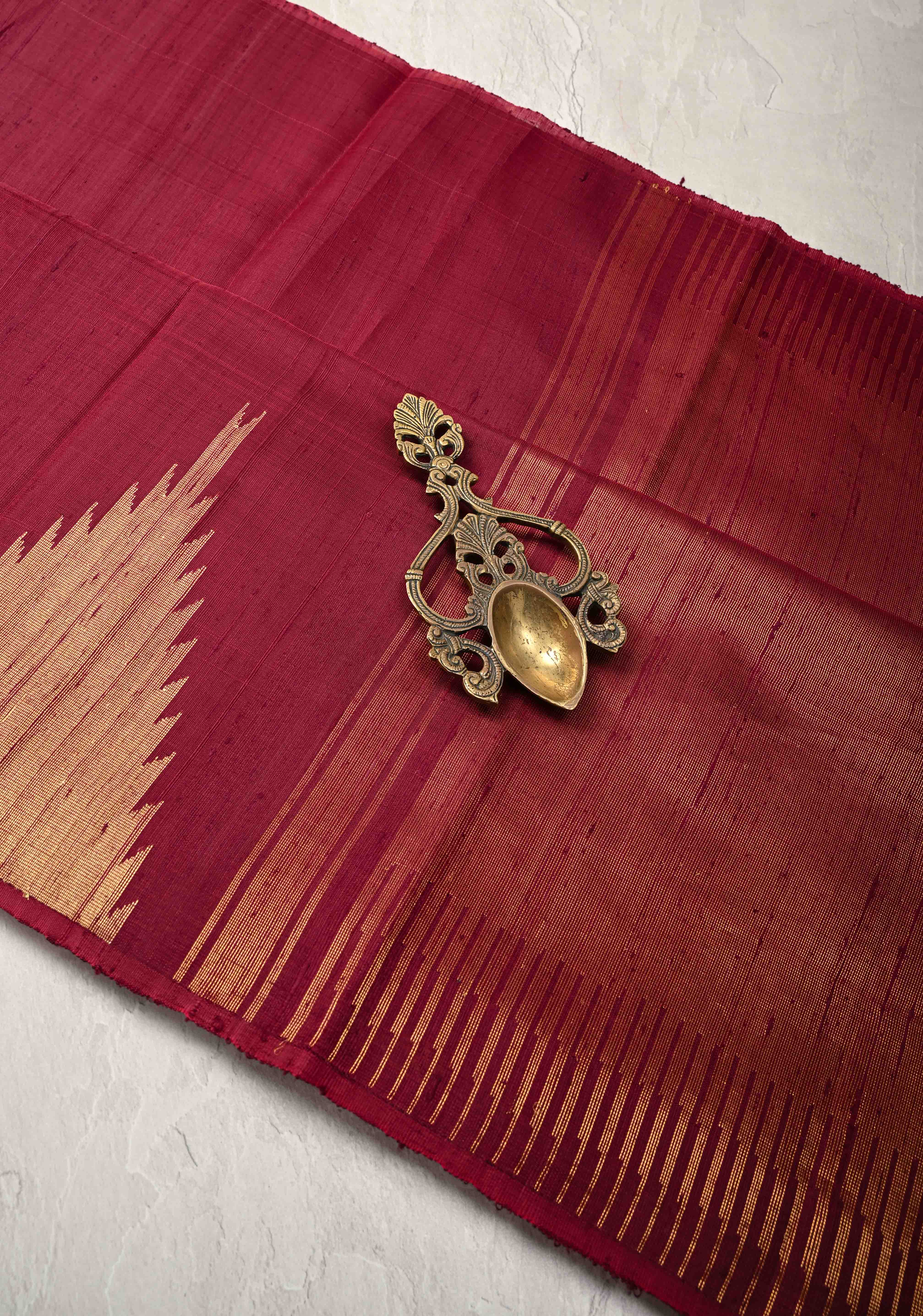 Maroon Tussar Silk saree with Zari Buttas and Temple Border | SILK MARK CERTIFIED | Shobitam
