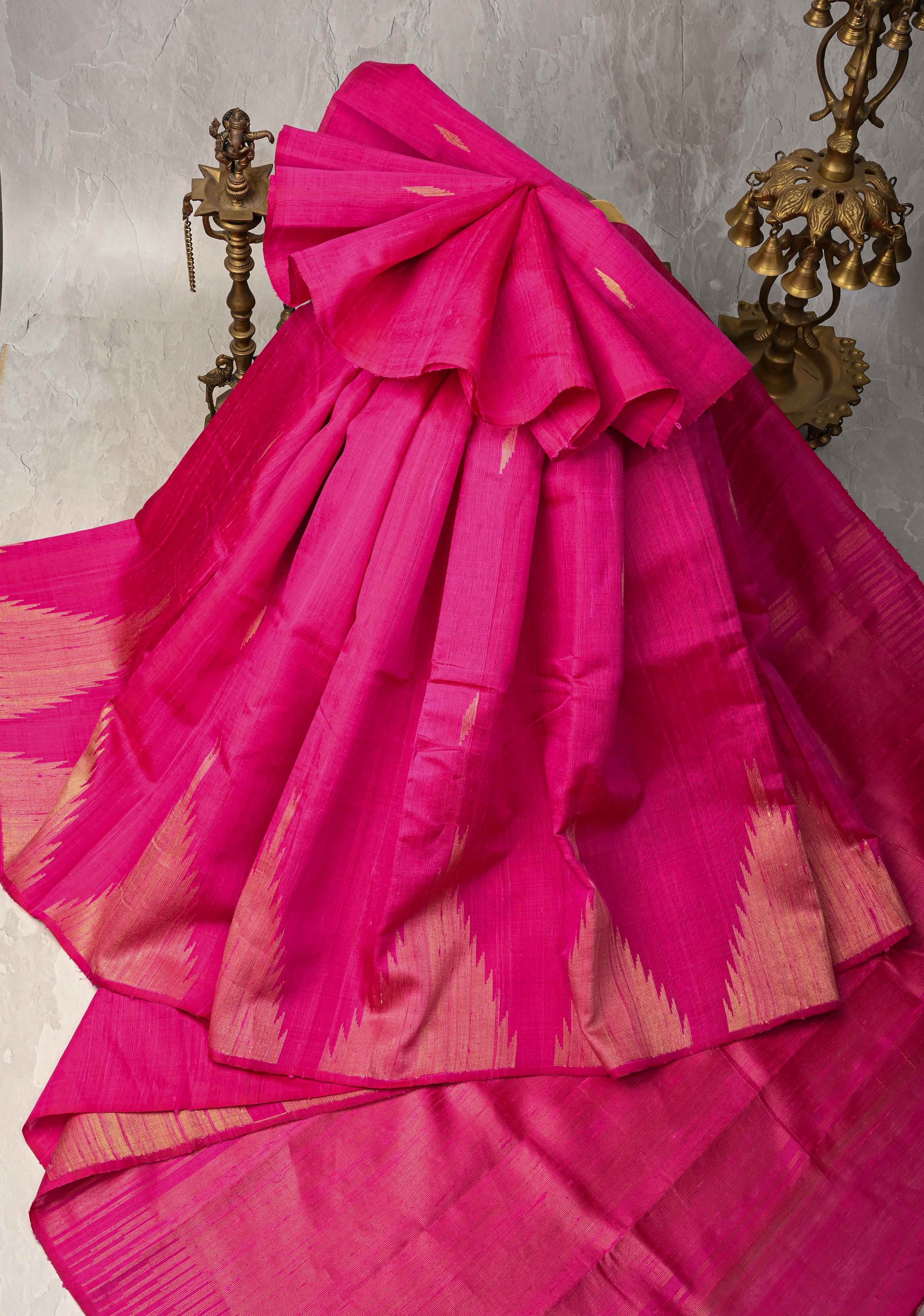 Pink Tussar Silk saree with Zari Buttas and Temple Border | SILK MARK CERTIFIED | Shobitam