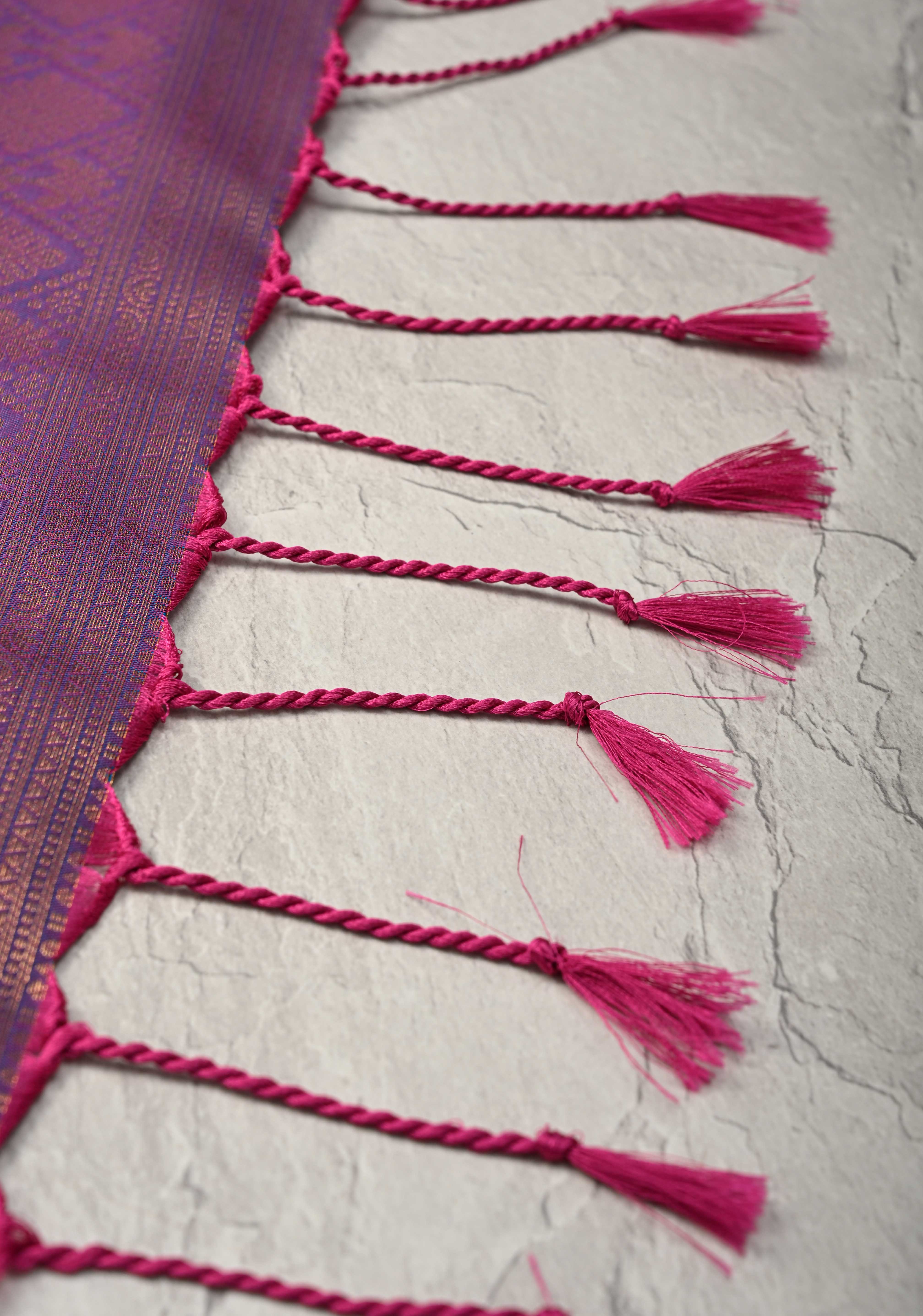 French Rose Kanchi Semi Silk Saree with Geometric Buttas and Abstract Zari Border | Shobitam