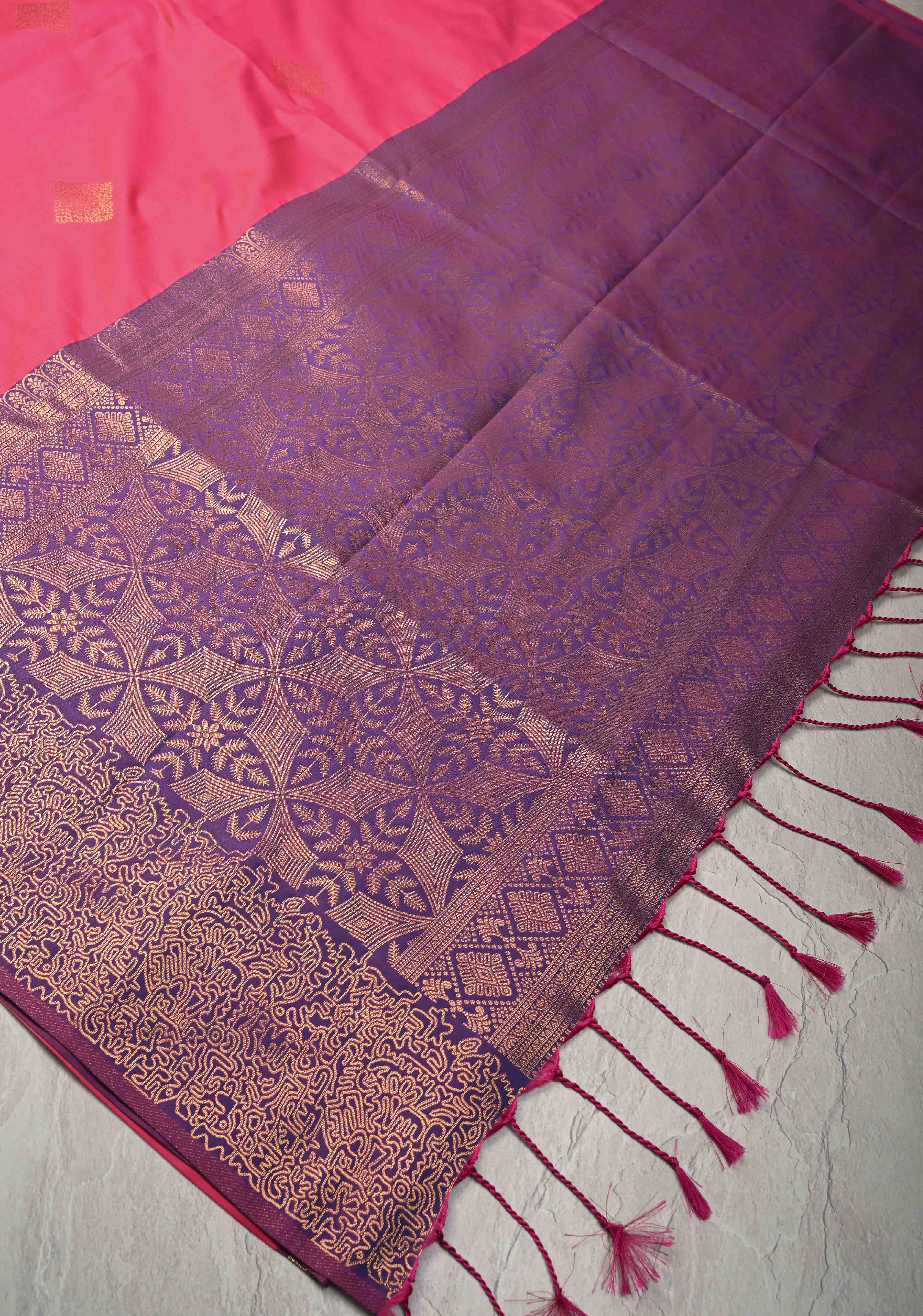 French Rose Kanchi Semi Silk Saree with Geometric Buttas and Abstract Zari Border | Shobitam