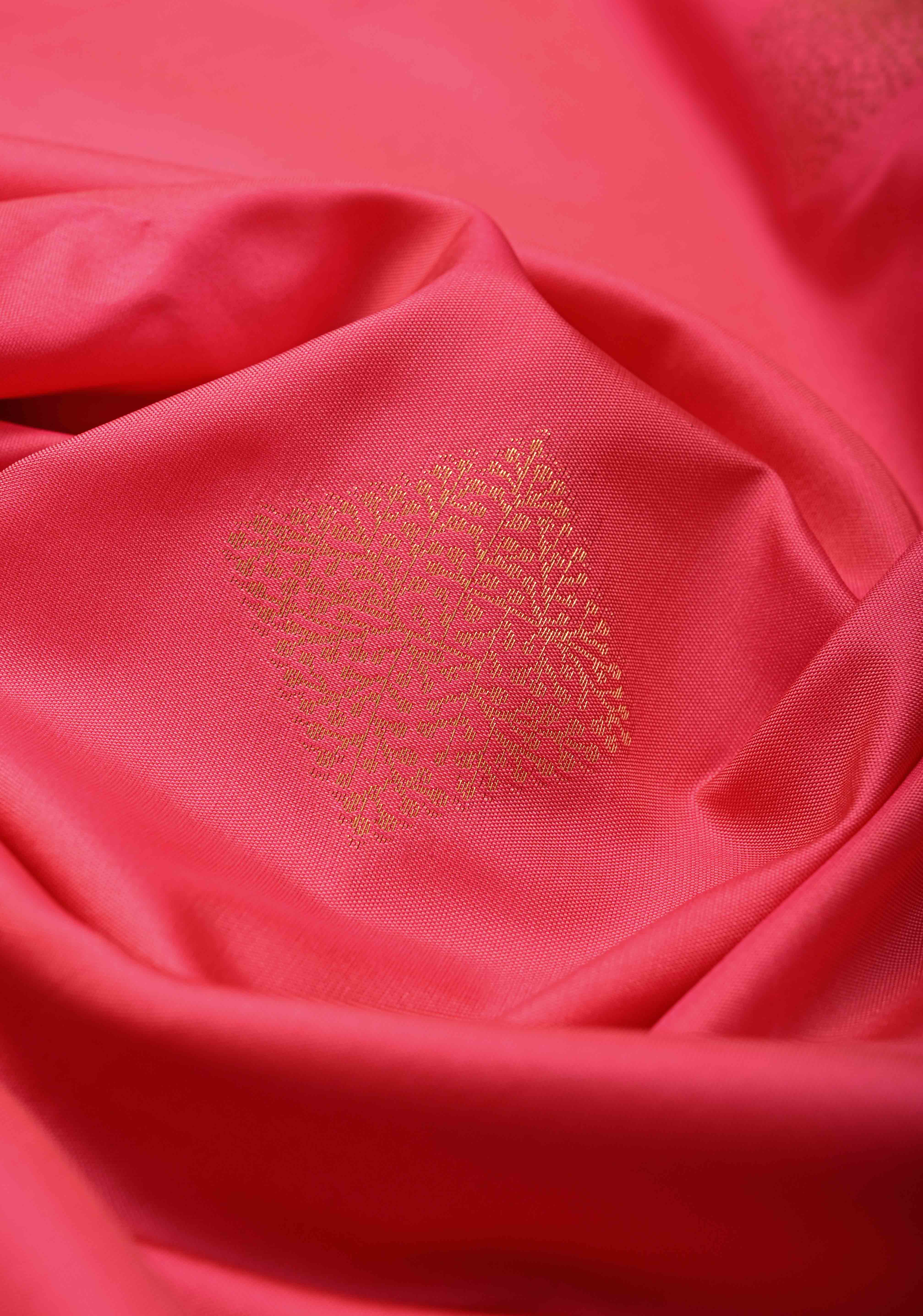 French Rose Kanchi Semi Silk Saree with Geometric Buttas and Abstract Zari Border | Shobitam