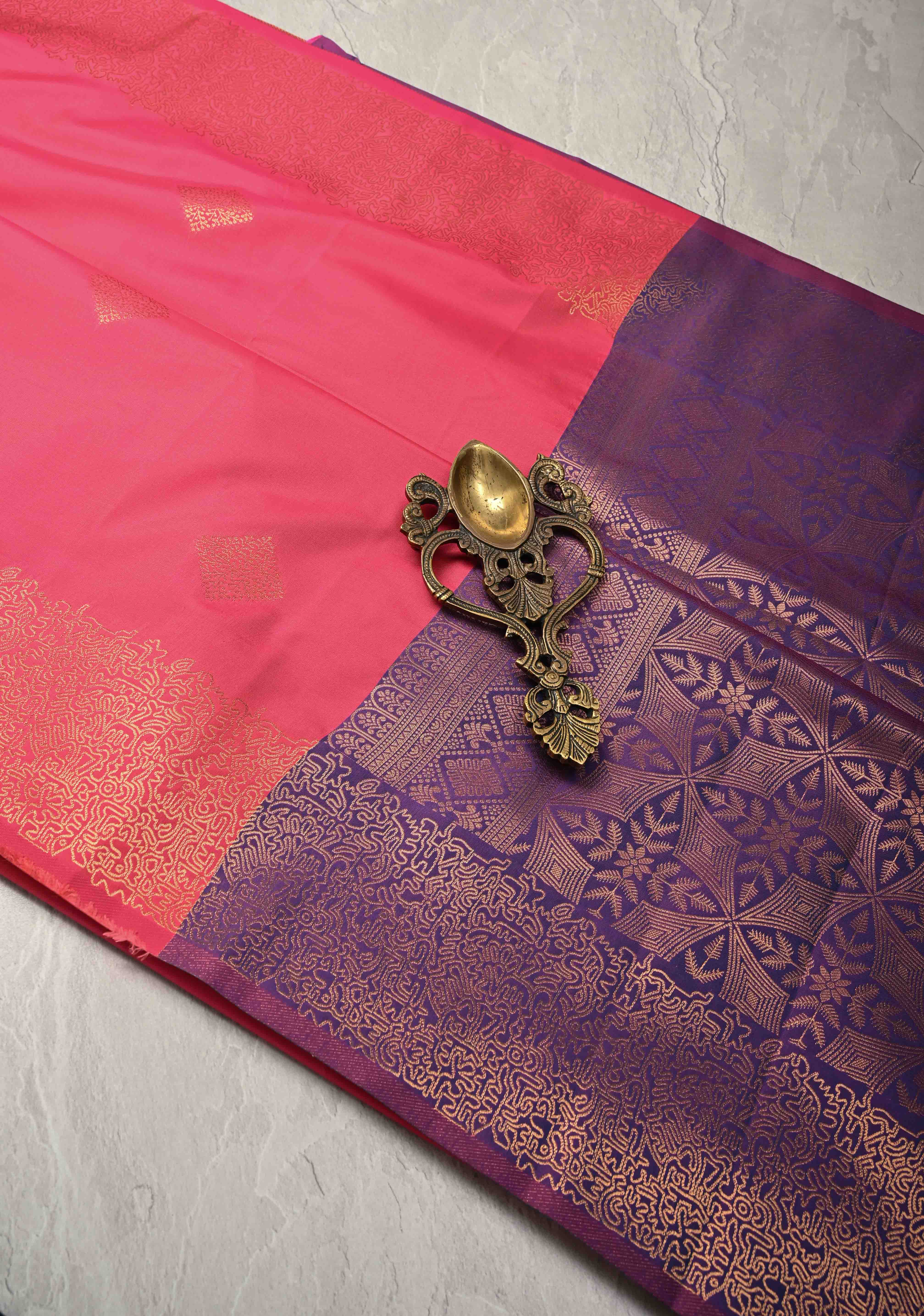 French Rose Kanchi Semi Silk Saree with Geometric Buttas and Abstract Zari Border | Shobitam