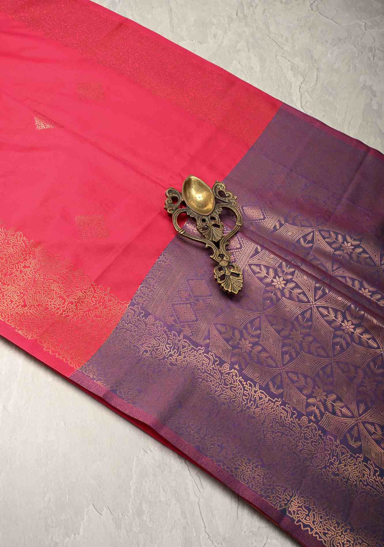 Hot Pink Kanchi Semi Silk Saree with Geometric Buttas and Abstract Zari Border Pre stitch saree