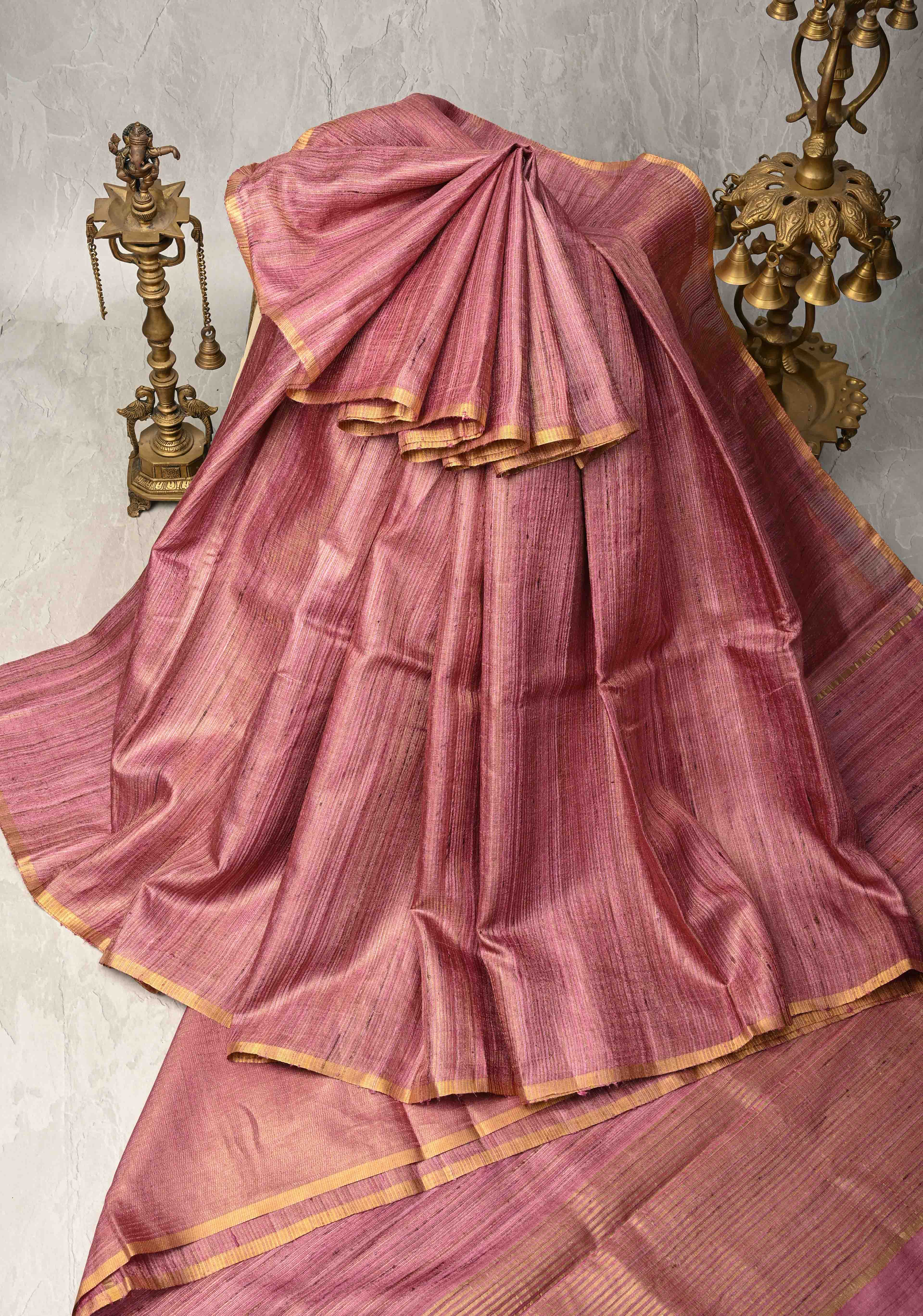 Rose Pink Geecha Tussar tissue Saree with Minimal Zari Border | SILK MARK CERTIFIED | Shobitam