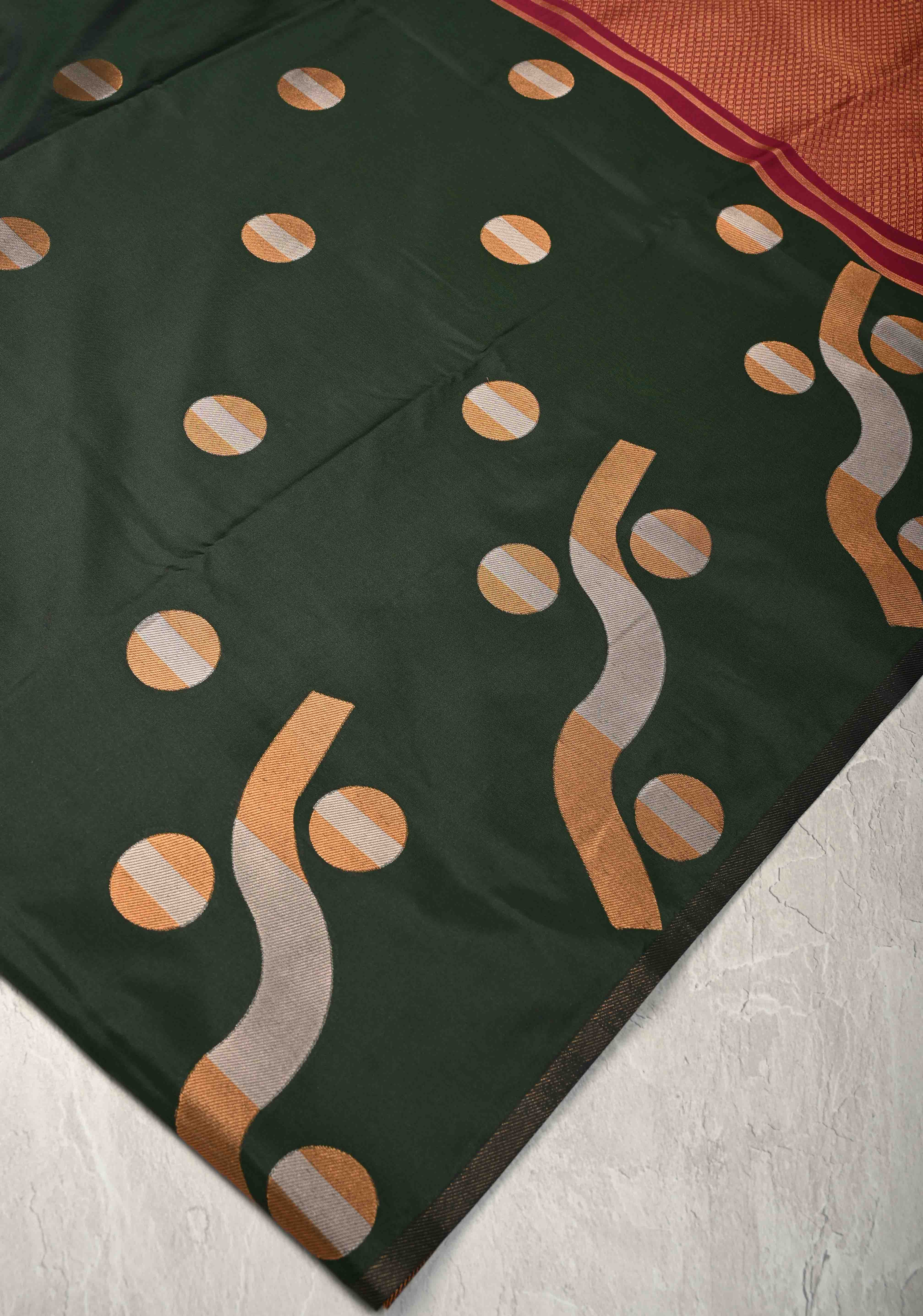 Dark Green Kanchi Semi Silk Saree with Gold silver Zari Buttas and Border Less | Shobitam