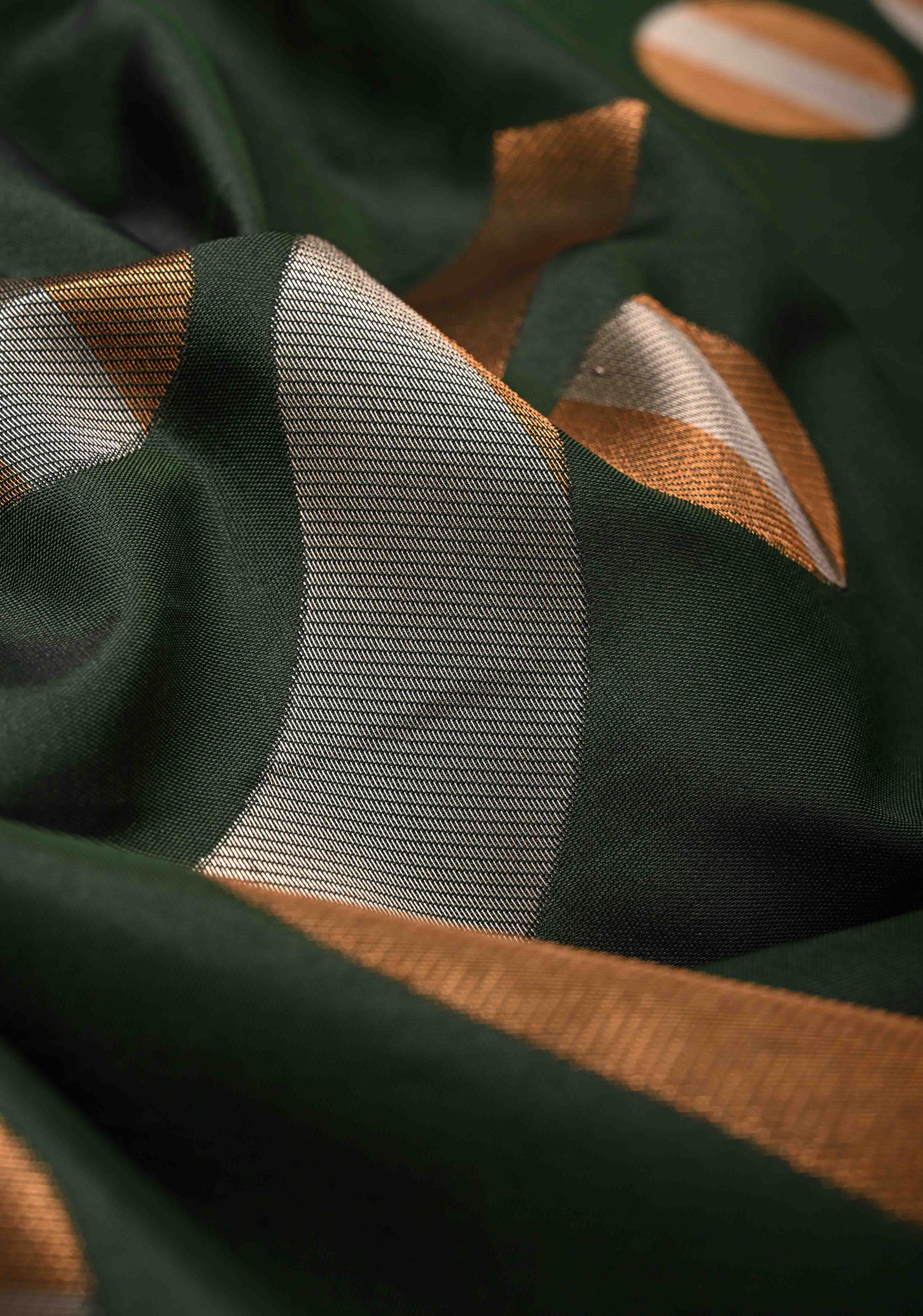 Dark Green Kanchi Semi Silk Saree with Gold silver Zari Buttas and Border Less | Shobitam