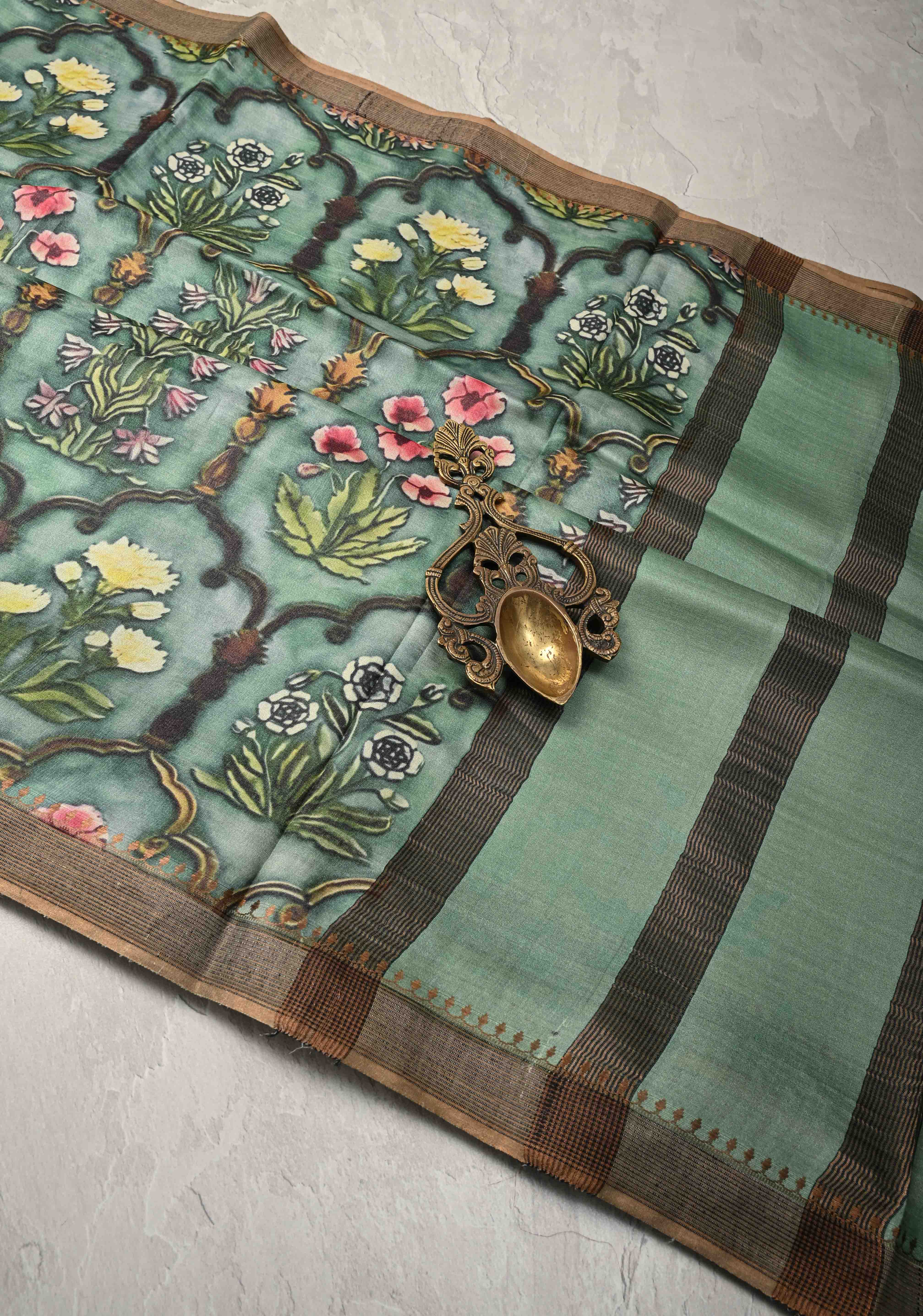 Green Tussar Silk saree with Floral Digital Print and Minimal Border | SILK MARK CERTIFIED | Shobitam