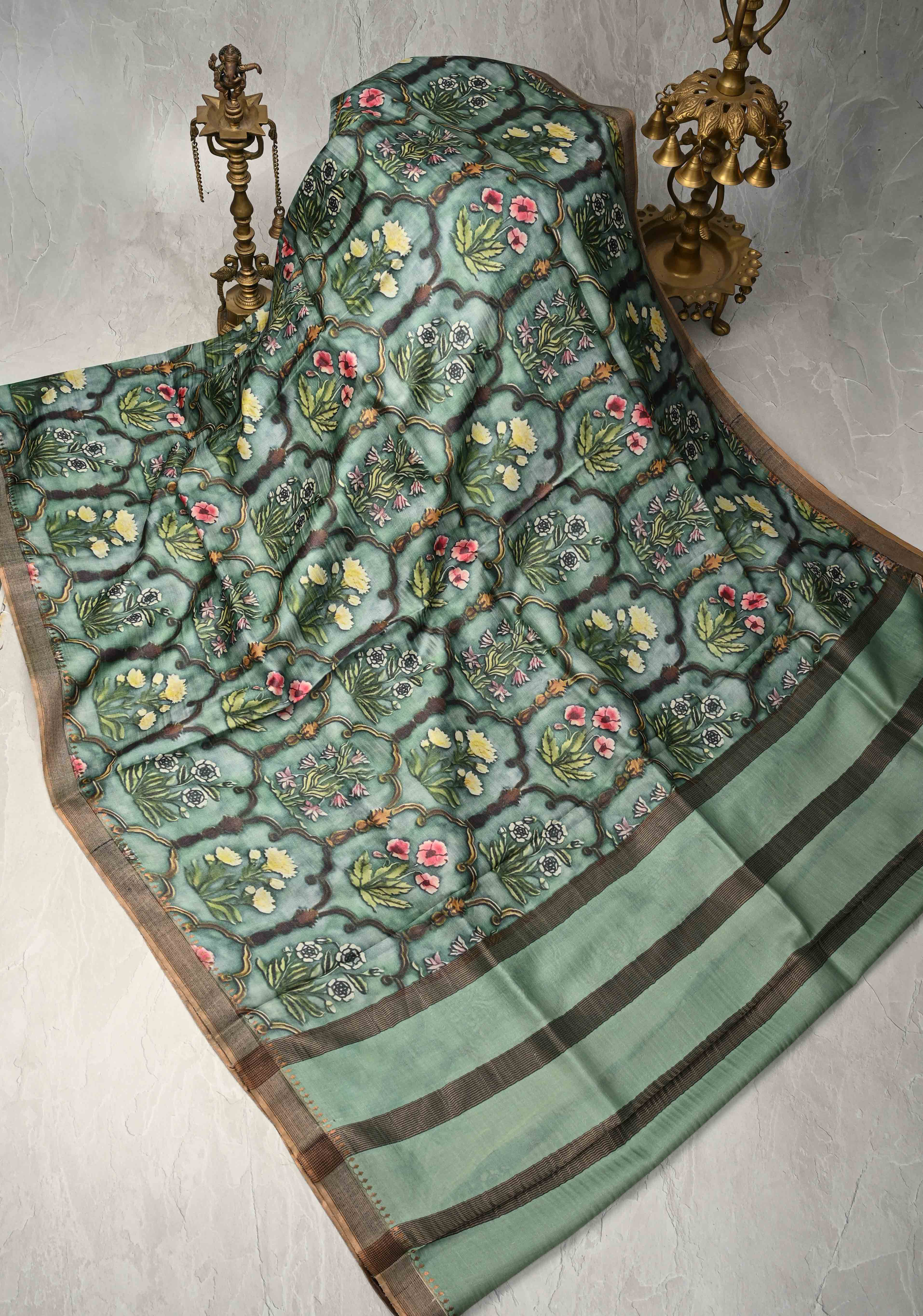 Green Tussar Silk saree with Floral Digital Print and Minimal Border | SILK MARK CERTIFIED | Shobitam