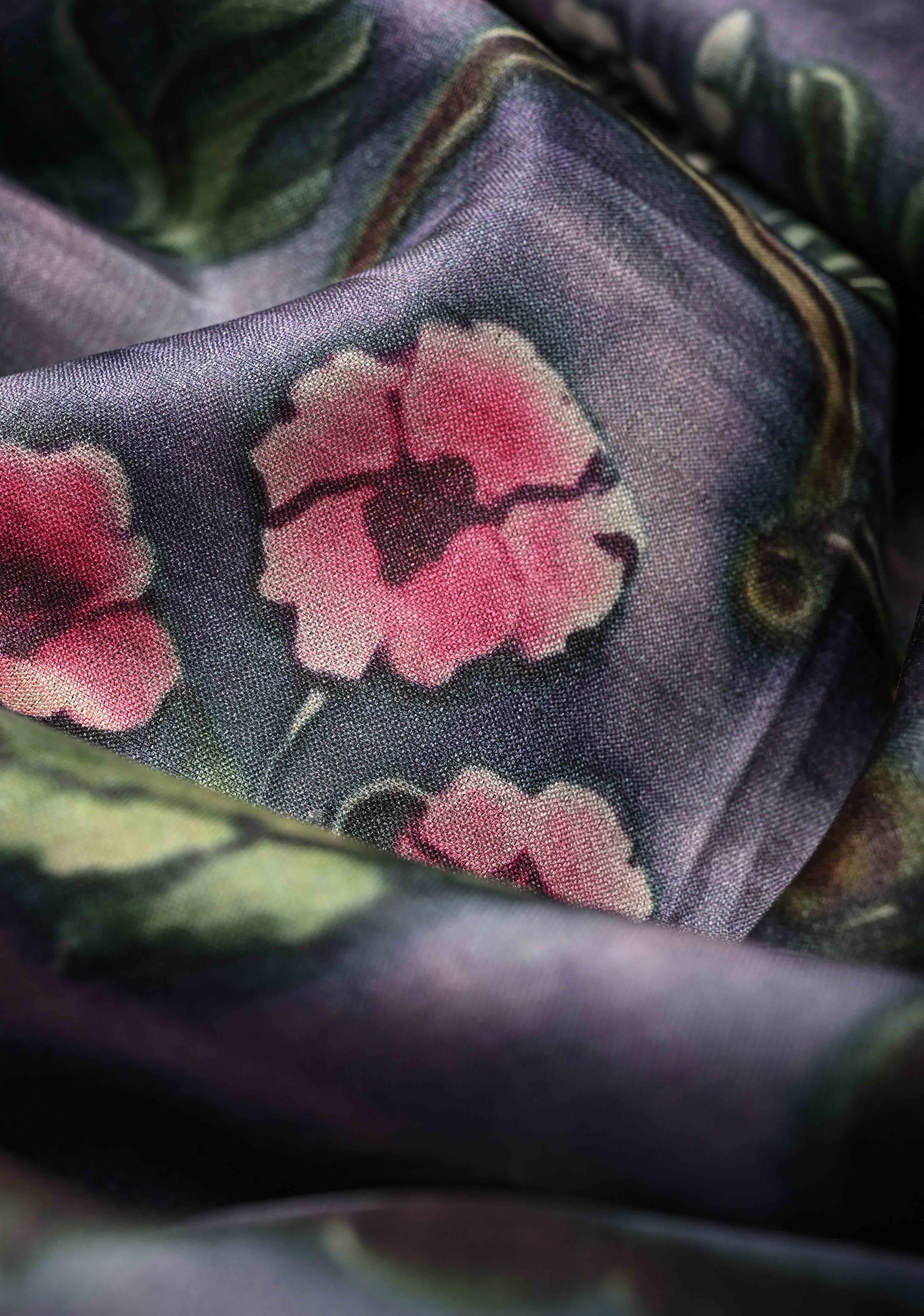 Pink-Lilac Tussar Silk saree with Floral Digital Print and Minimal Border | SILK MARK CERTIFIED | Shobitam