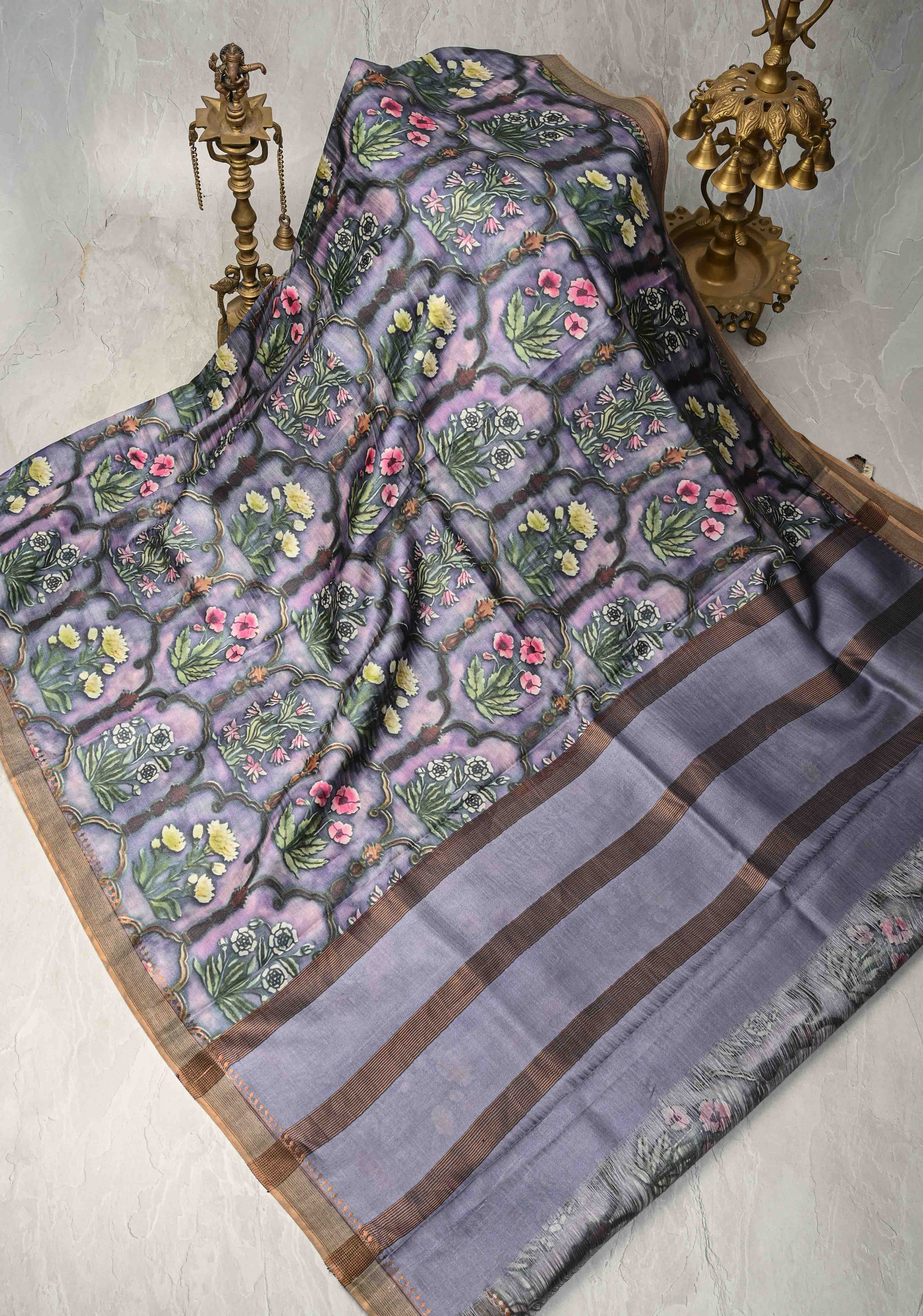 Pink-Lilac Tussar Silk saree with Floral Digital Print and Minimal Border | SILK MARK CERTIFIED | Shobitam