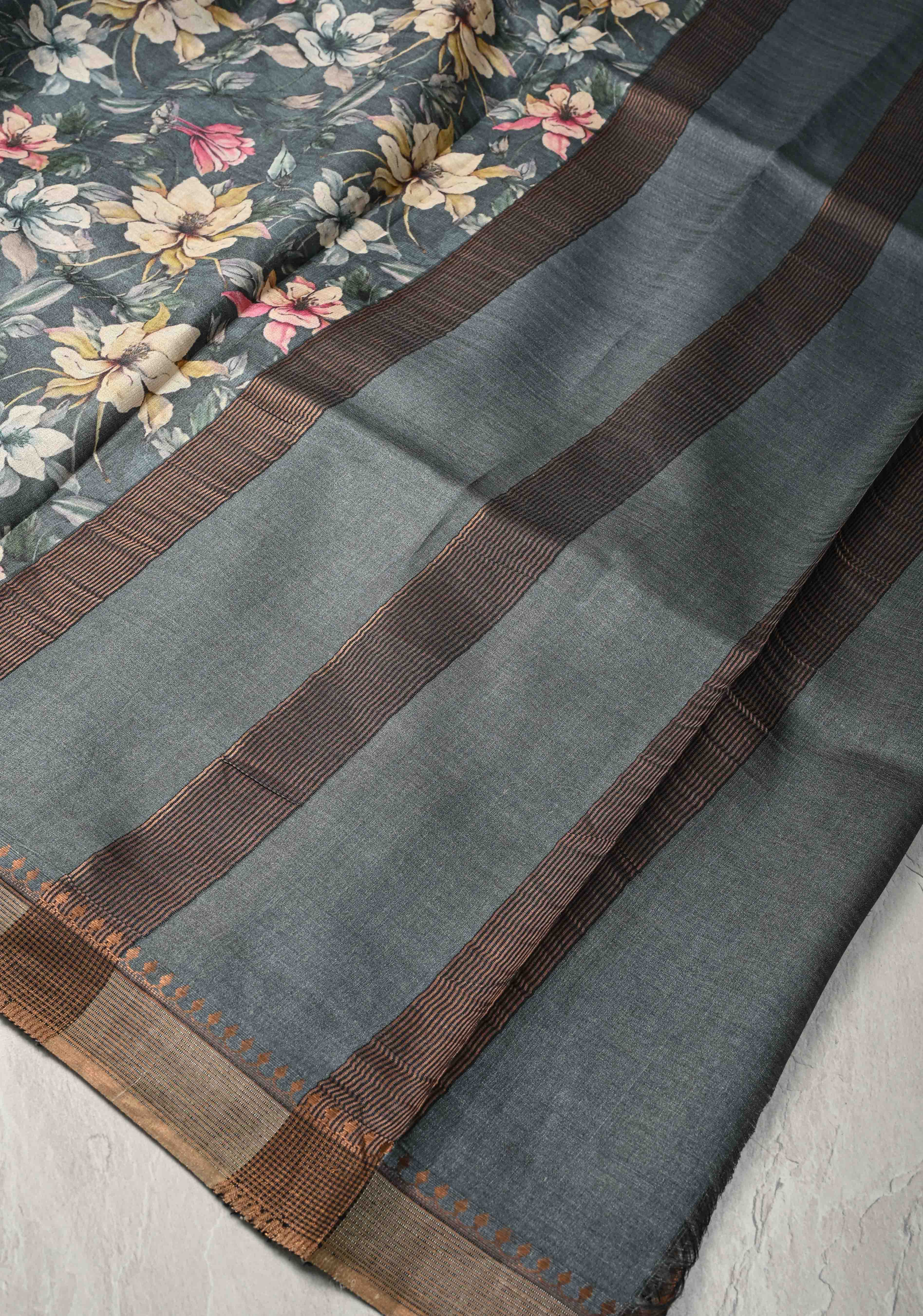 Bluish Gray Tussar Silk saree with Floral Digital Print and Minimal Muted Zari Border | SILK MARK CERTIFIED | Shobitam