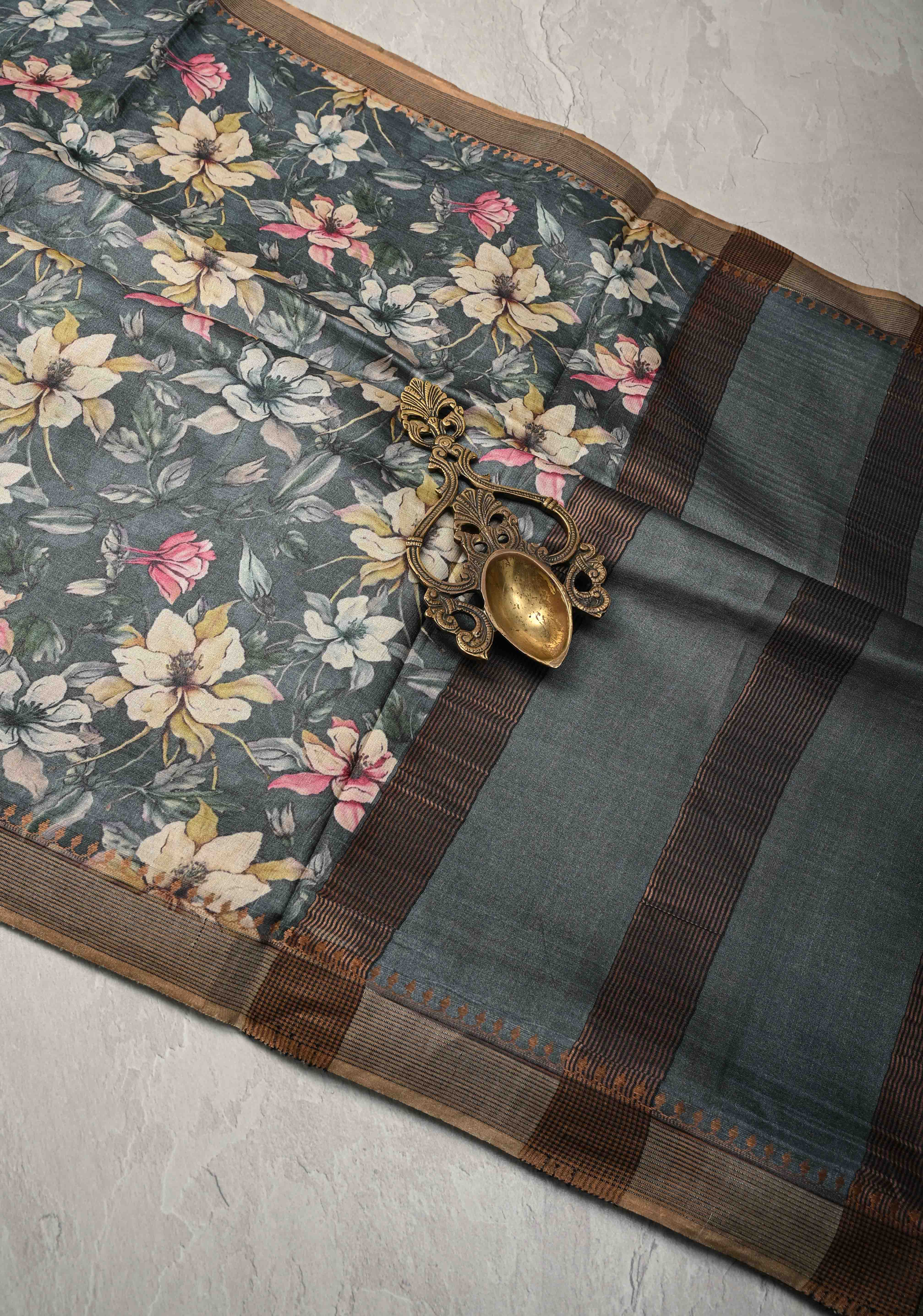 Bluish Gray Tussar Silk saree with Floral Digital Print and Minimal Muted Zari Border | SILK MARK CERTIFIED | Shobitam