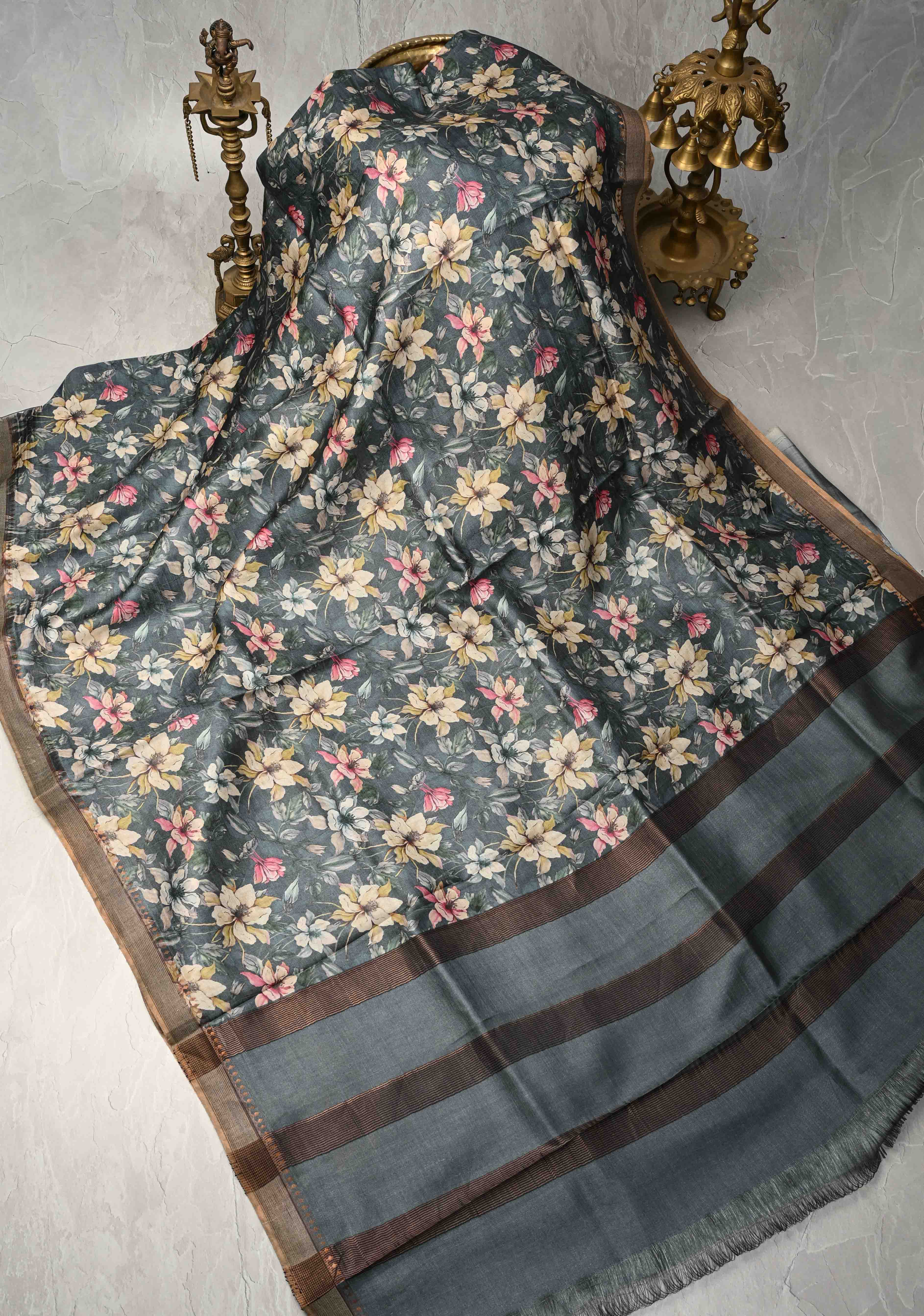 Bluish Gray Tussar Silk saree with Floral Digital Print and Minimal Muted Zari Border | SILK MARK CERTIFIED | Shobitam