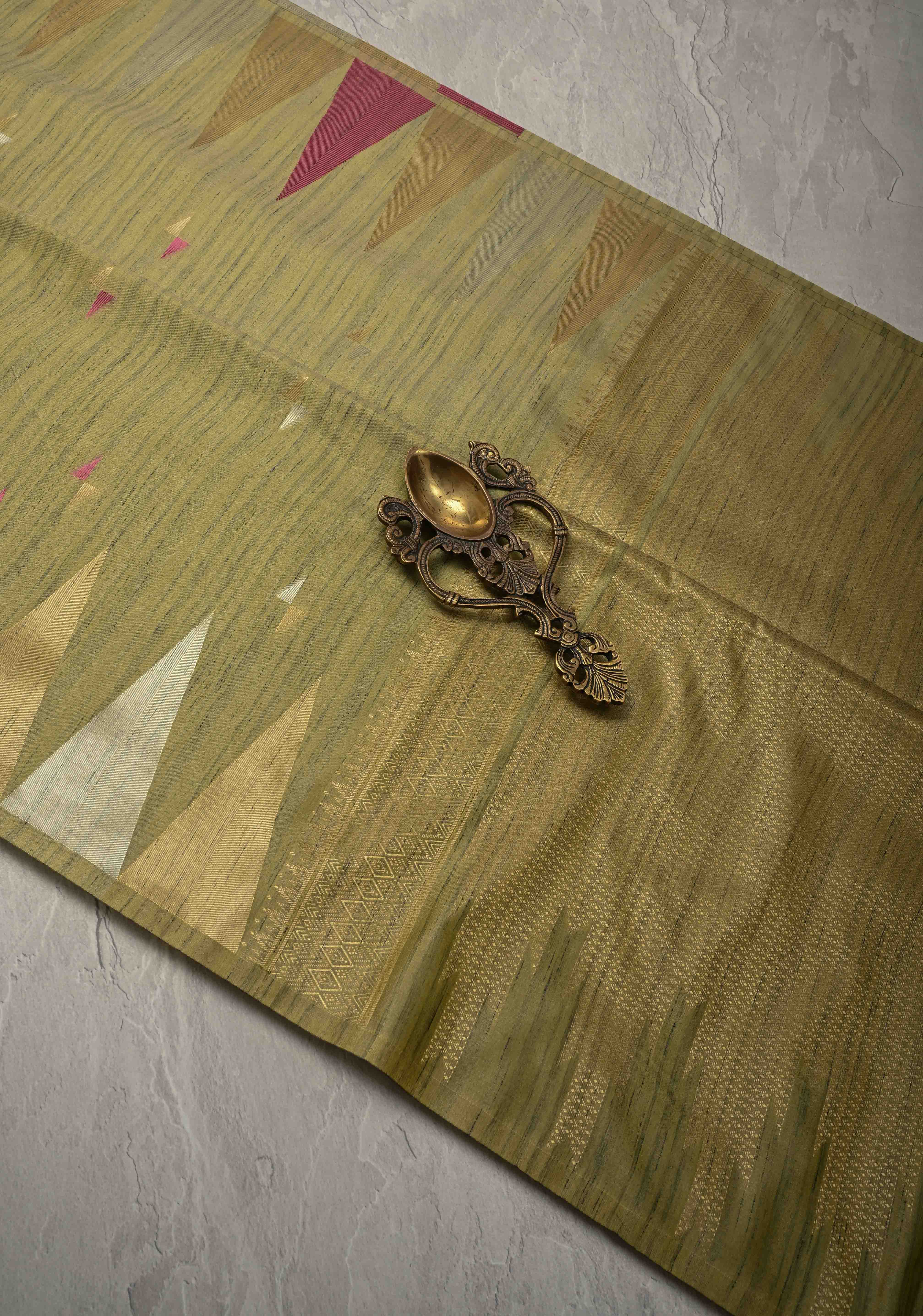 Pista Green Kanchi Semi Silk Saree with Meenakari Buttas and Multicolor Temple Border