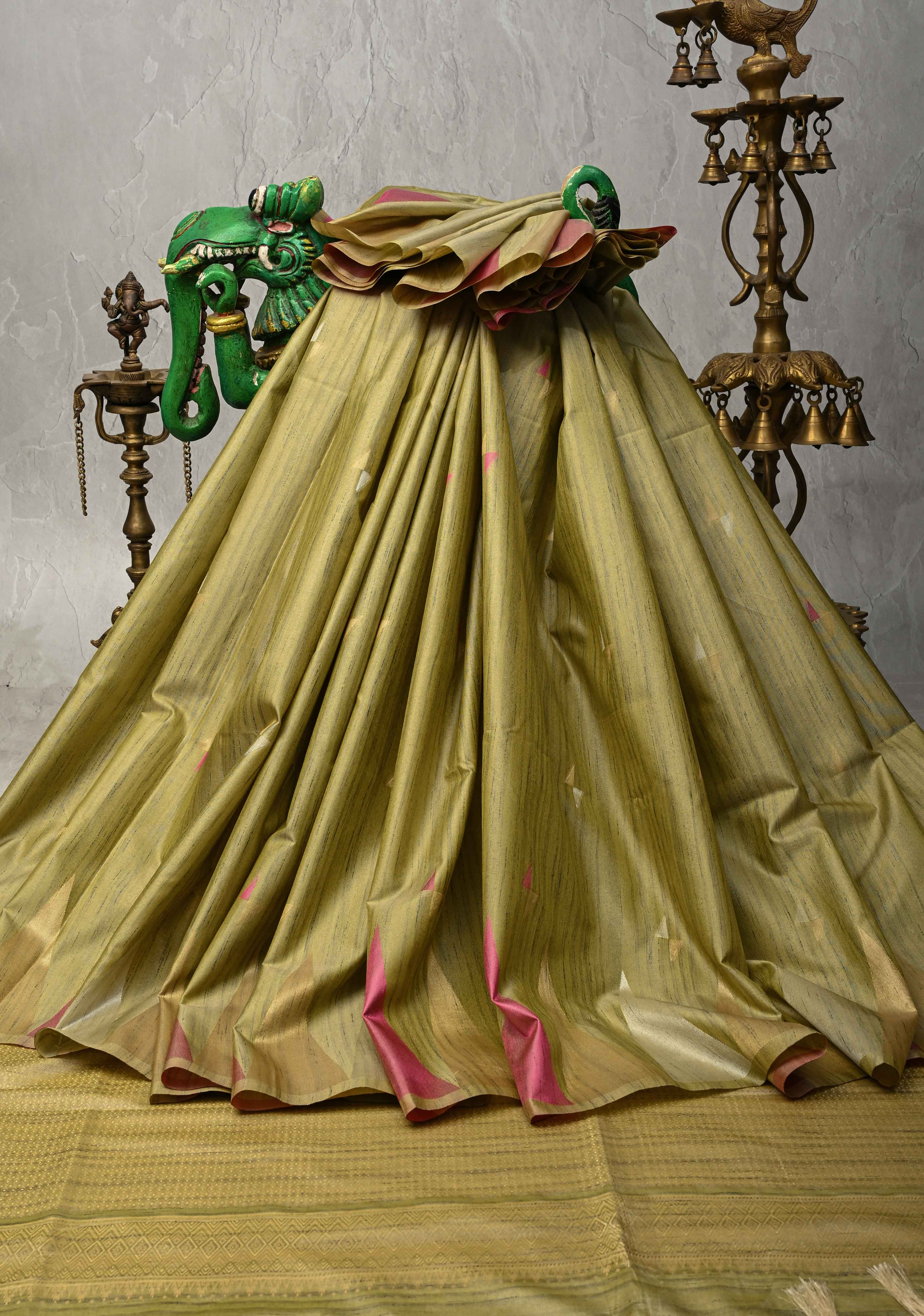 Pista Green Kanchi Semi Silk Saree with Meenakari Buttas and Multicolor Temple Border