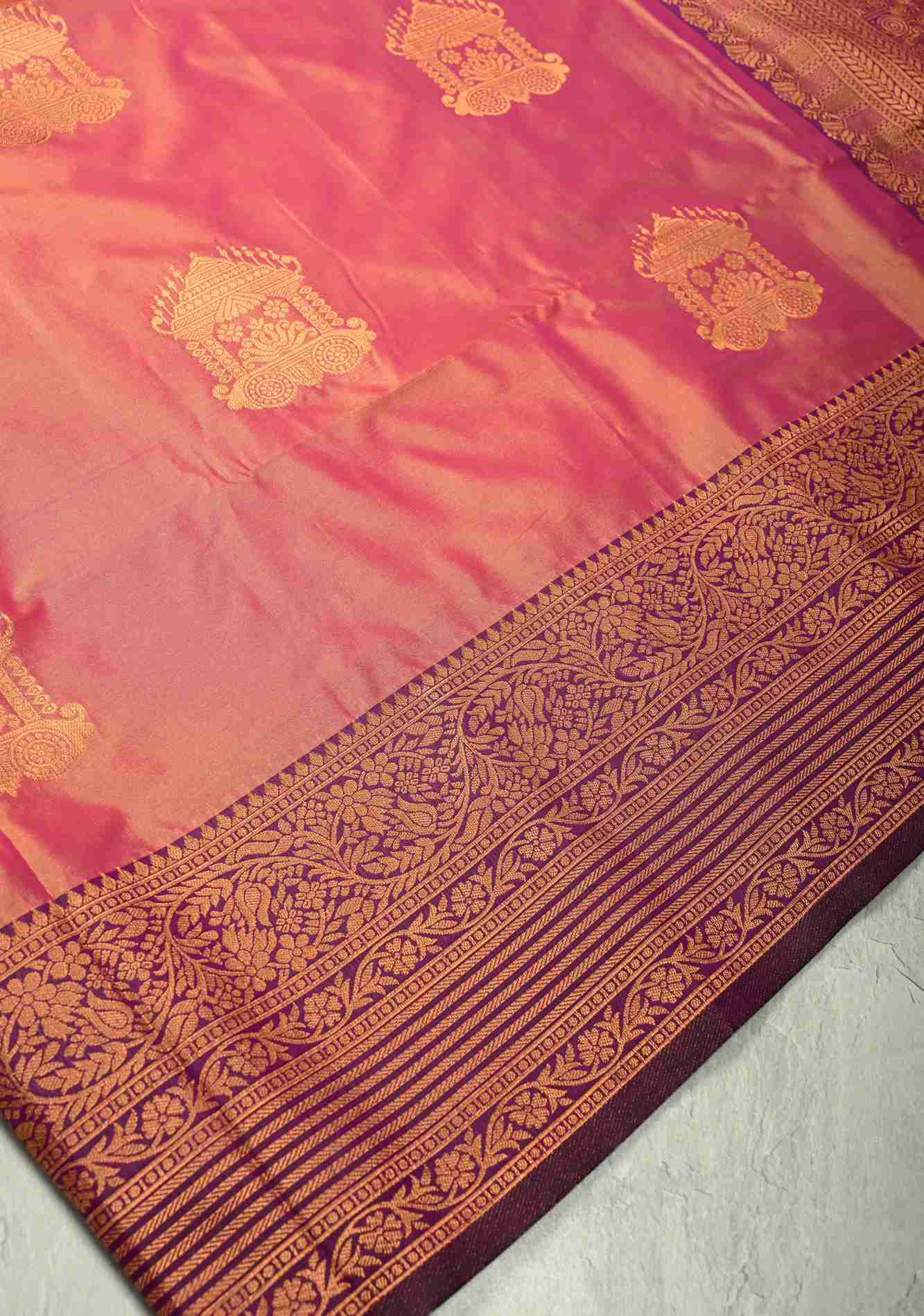 Pink-Peach Dual tone Kanchi Semi Silk Saree with Temple Chariot Zari Buttas and Zari Border Ready To Wear Saree