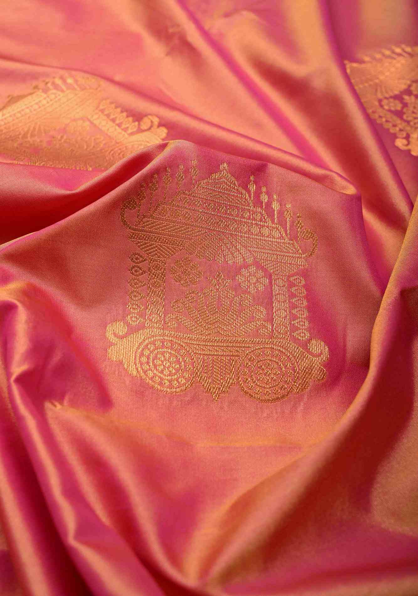 Pink-Peach Dual tone Kanchi Semi Silk Saree with Temple Chariot Zari Buttas and Zari Border Ready To Wear Saree