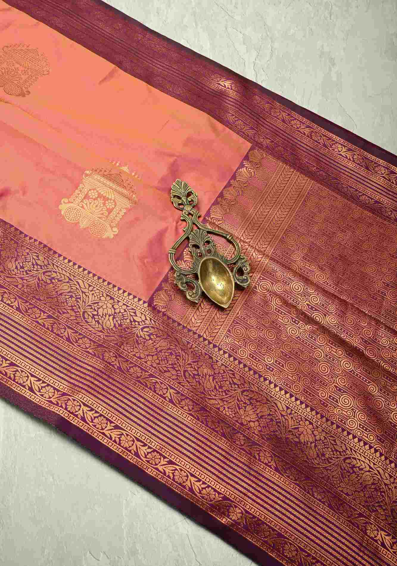 Pink-Peach Dual tone Kanchi Semi Silk Saree with Temple Chariot Zari Buttas and Zari Border Ready To Wear Saree