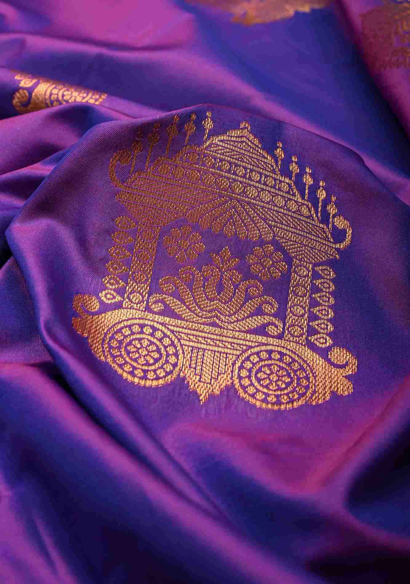 Purple Dual tone Kanchi Semi Silk Saree with Temple Chariot Zari Buttas and Contrast Zari Border Ready To Wear Saree