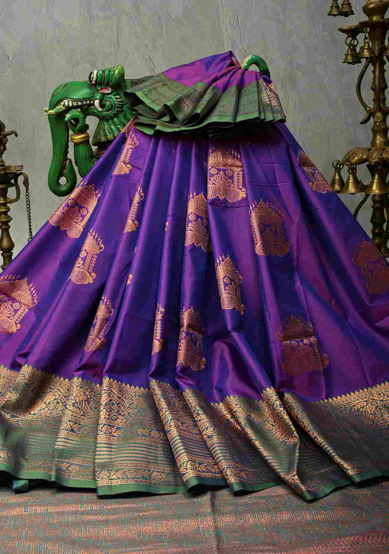 Purple Dual tone Kanchi Semi Silk Saree with Temple Chariot Zari Buttas and Contrast Zari Border Ready To Wear Saree