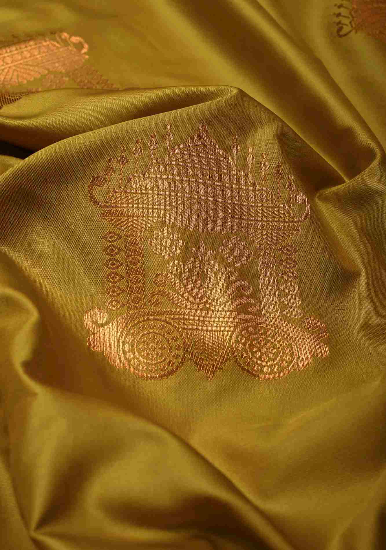 Methi Yellow Kanchi Semi Silk Saree with Temple Chariot Zari Buttas and Contrast Zari Border Pre stitch saree