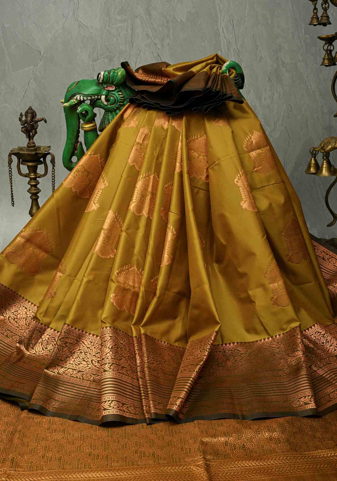 Methi Yellow Kanchi Semi Silk Saree with Temple Chariot Zari Buttas and Contrast Zari Border Pre stitch saree