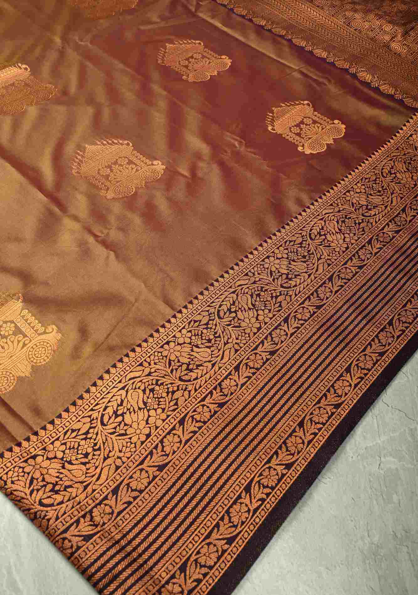Camel Brown Dual tone Kanchi Semi Silk Saree with Temple Chariot Buttas and Zari Border Ready To Wear Saree