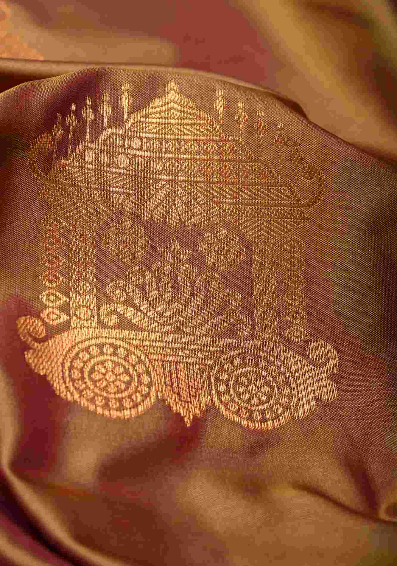 Camel Brown Dual tone Kanchi Semi Silk Saree with Temple Chariot Buttas and Zari Border Ready To Wear Saree