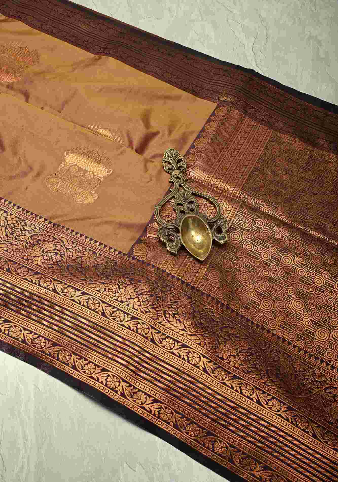 Camel Brown Dual tone Kanchi Semi Silk Saree with Temple Chariot Buttas and Zari Border Ready To Wear Saree