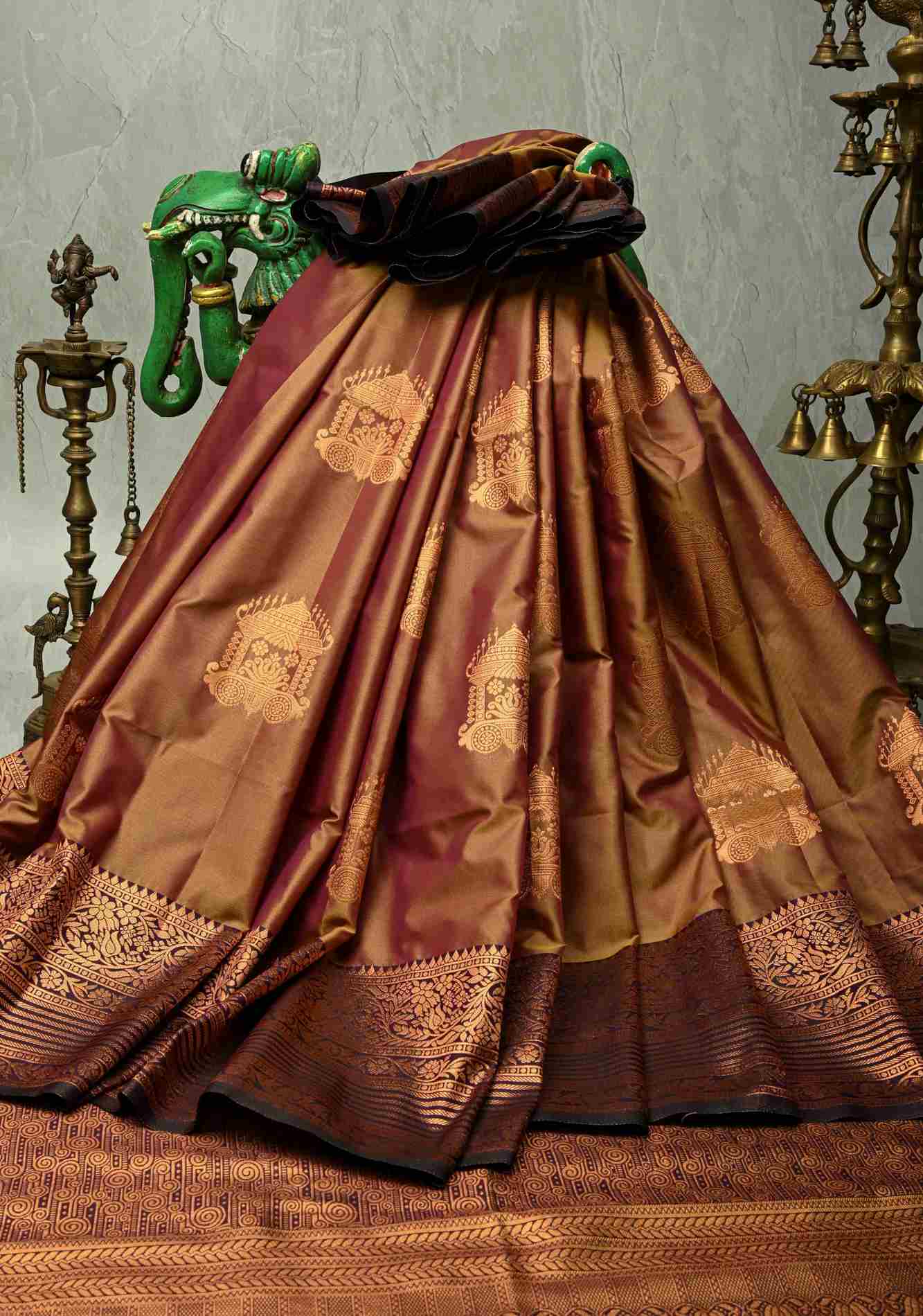 Camel Brown Dual tone Kanchi Semi Silk Saree with Temple Chariot Buttas and Zari Border Ready To Wear Saree